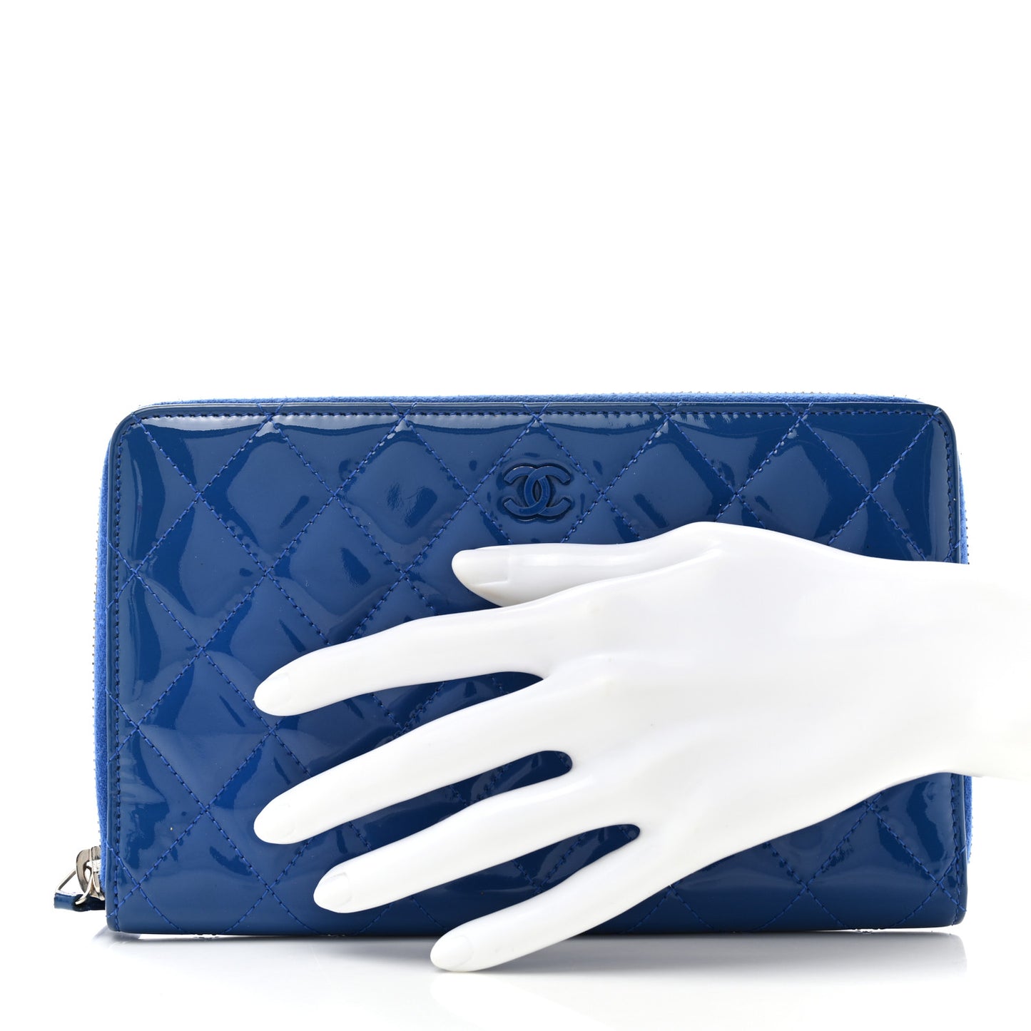 Patent Quilted Large Zip Around Organizer Wallet Blue