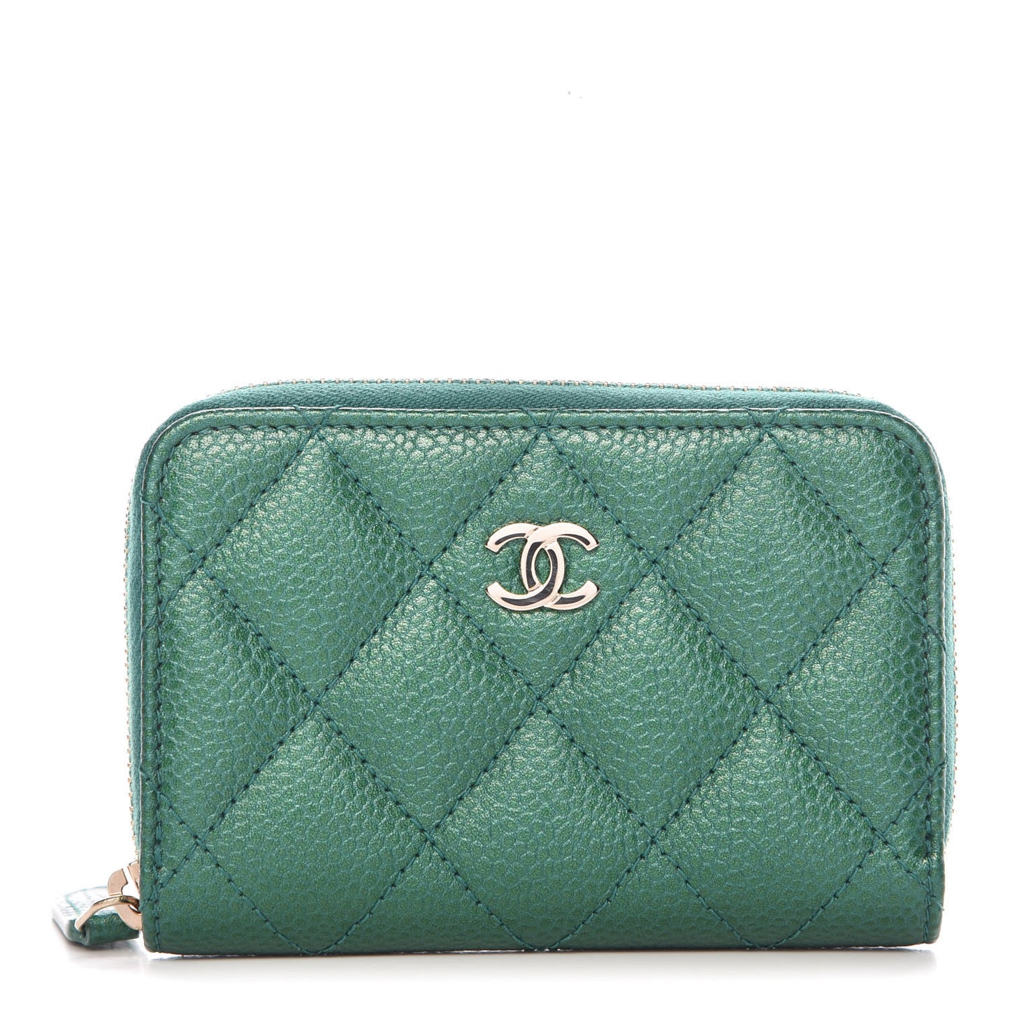 Metallic Caviar Quilted Zip Coin Purse Green