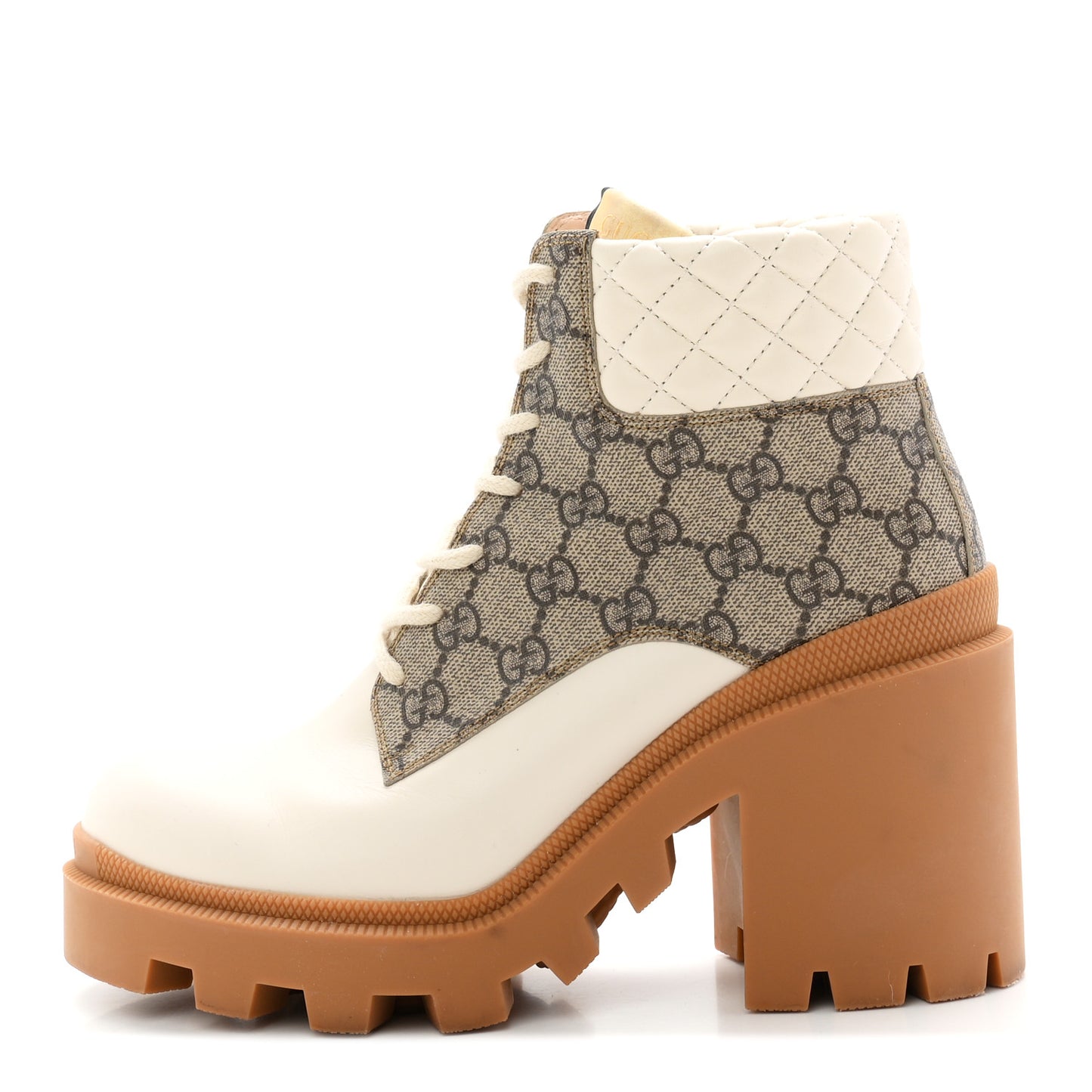 Calfskin GG Supreme Monogram Nappa Quilted Lace Up Ankle Boots  39.5 Mystic White Beige