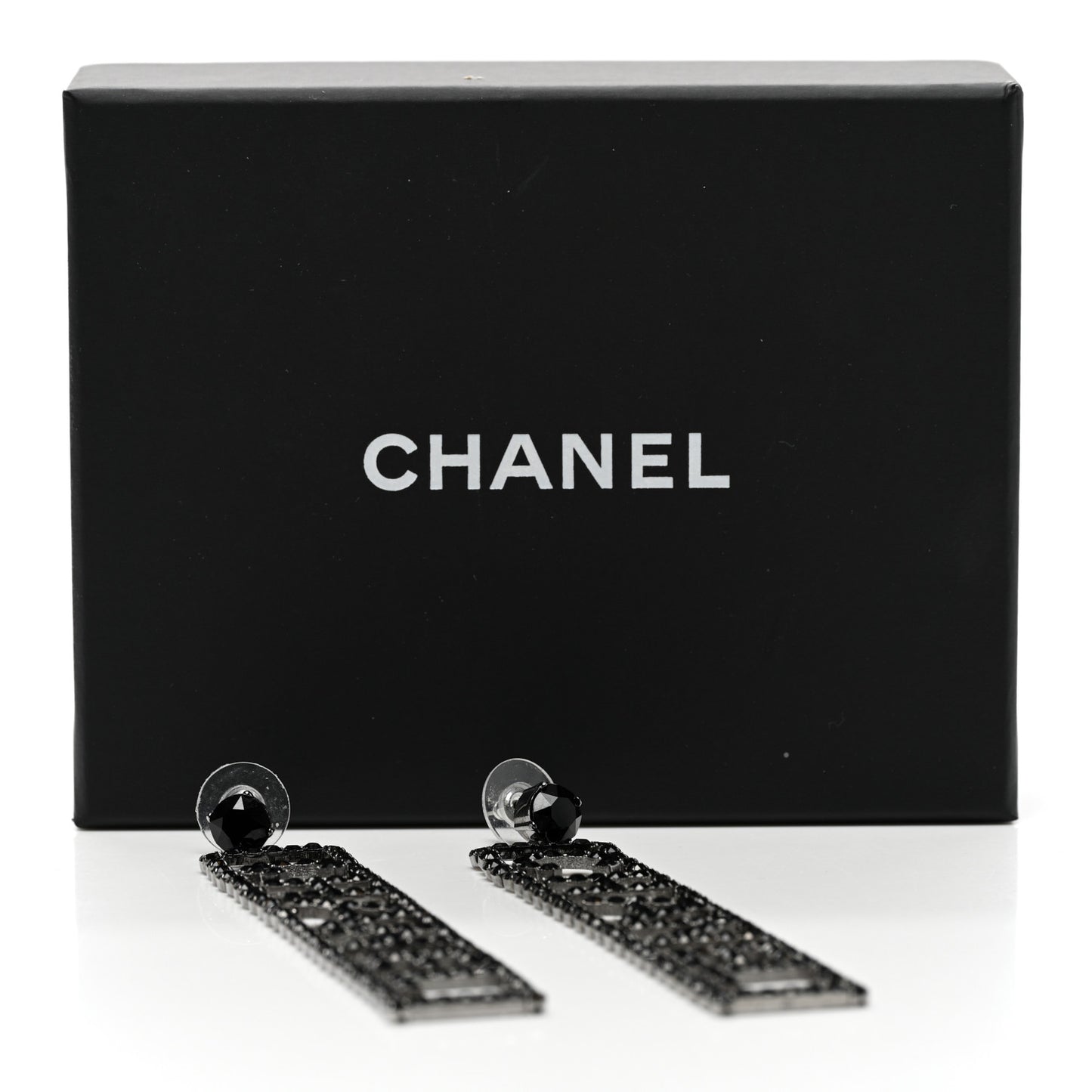 Ruthenium Crystal Chanel Logo Drop Earrings Black