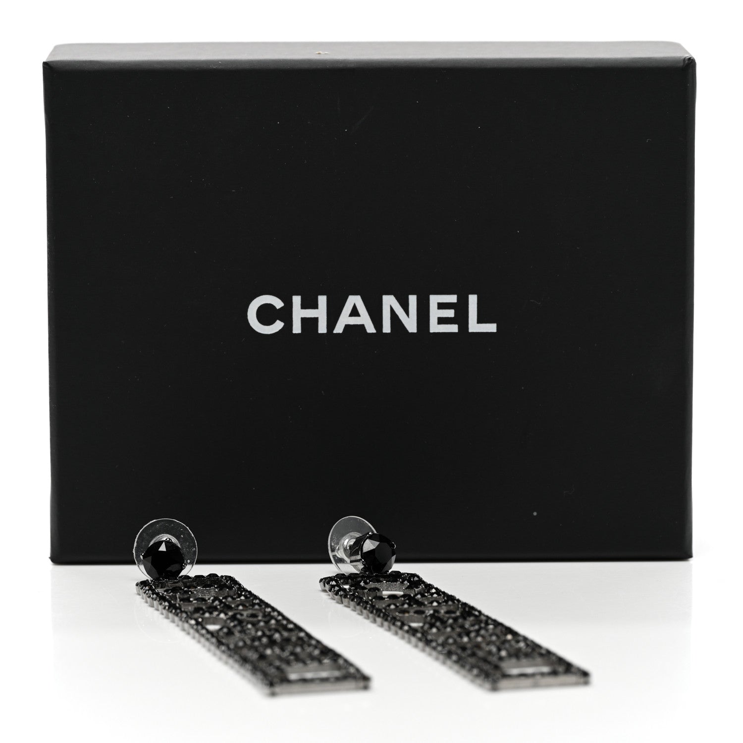 Chanel Ruthenium Crystal Chanel Logo Drop Earrings Black 5 of 5