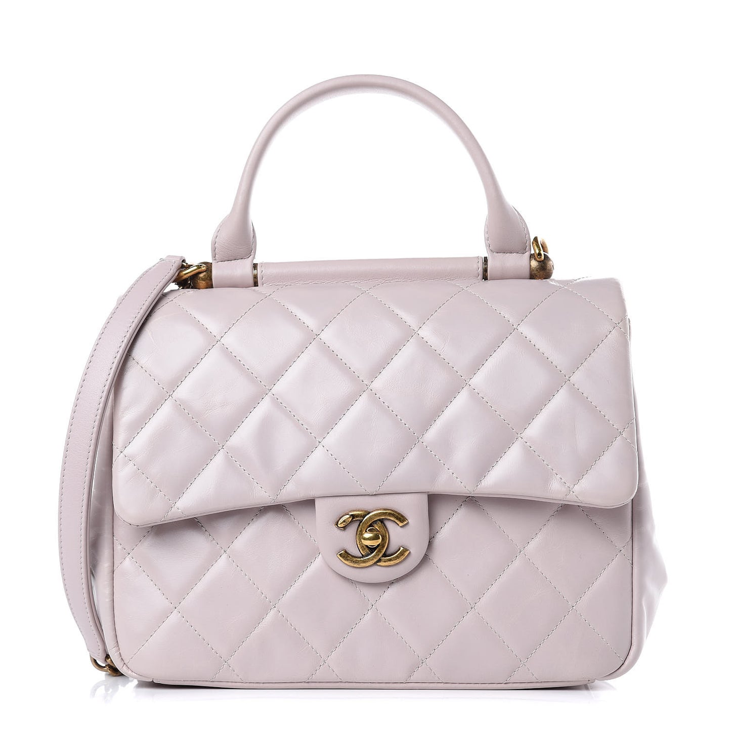 Glazed Calfskin Quilted Medium Gold Bar Top Handle Flap Light Pink