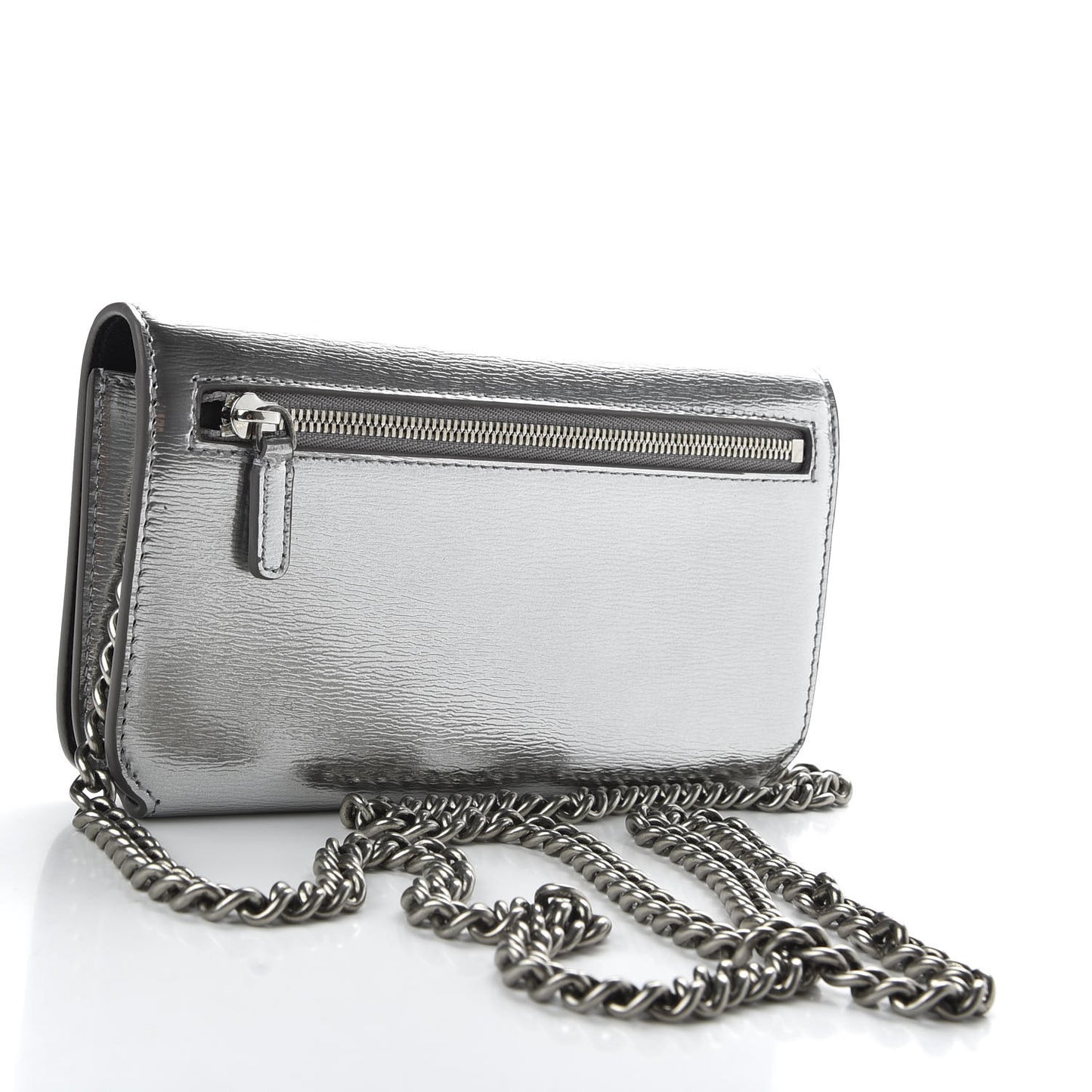 Metallic Grained Calfskin BB Phone Holder Wallet On Chain Silver