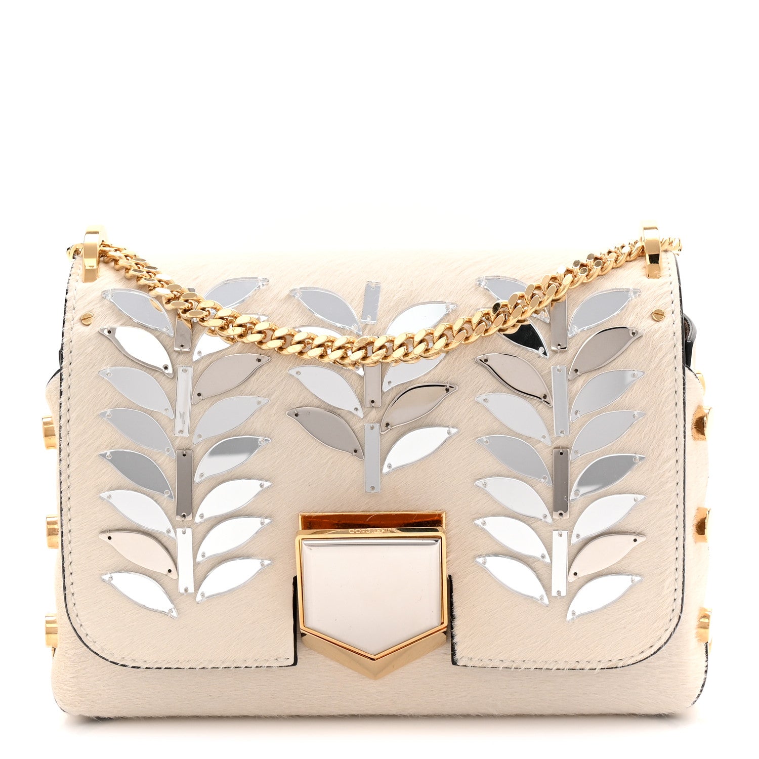 Jimmy Choo Calf Hair Mirror Embellished Lockett Petite Shoulder Bag White 1 of 10