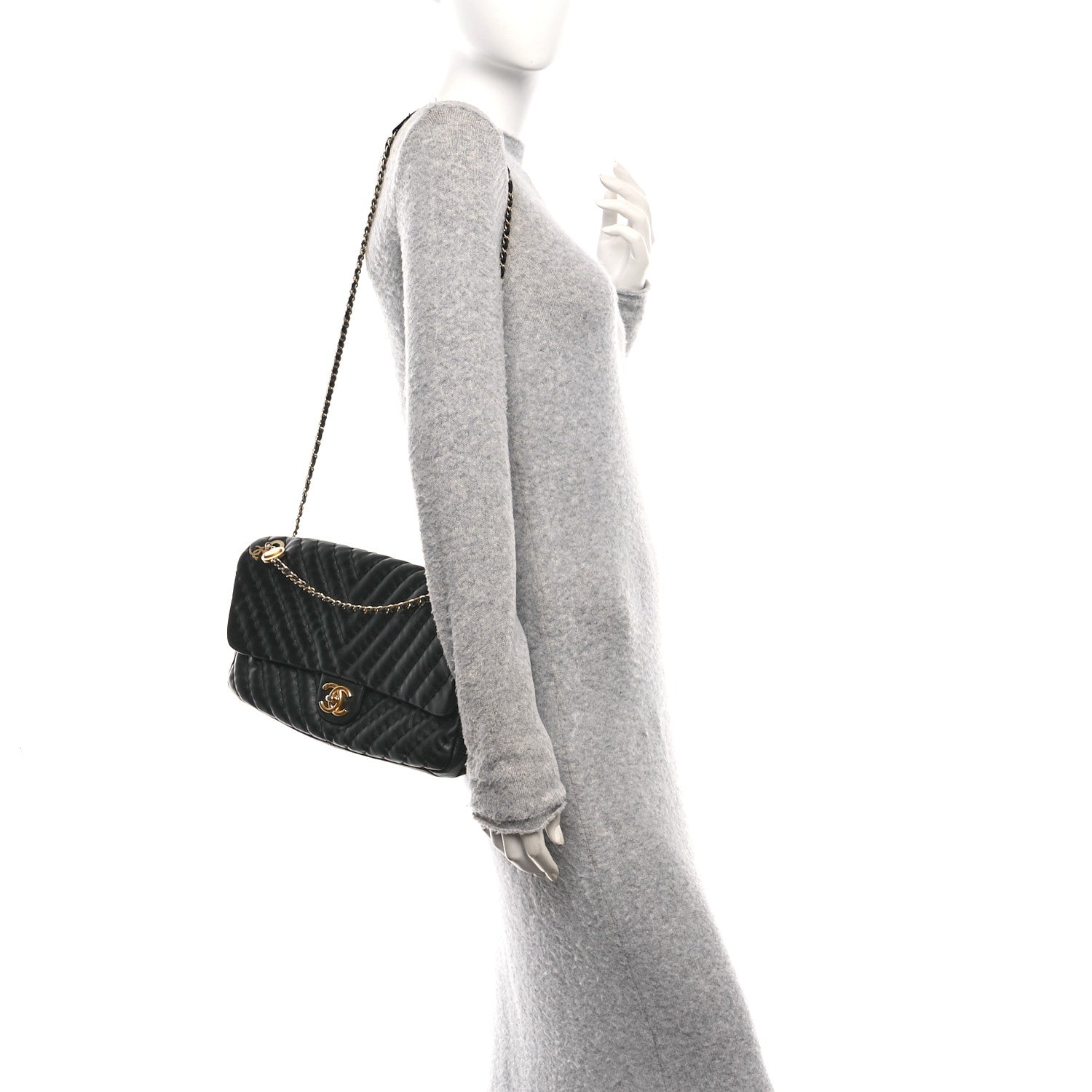 Chanel Calfskin Surpique Chevron Large Flap Black 3 of 14
