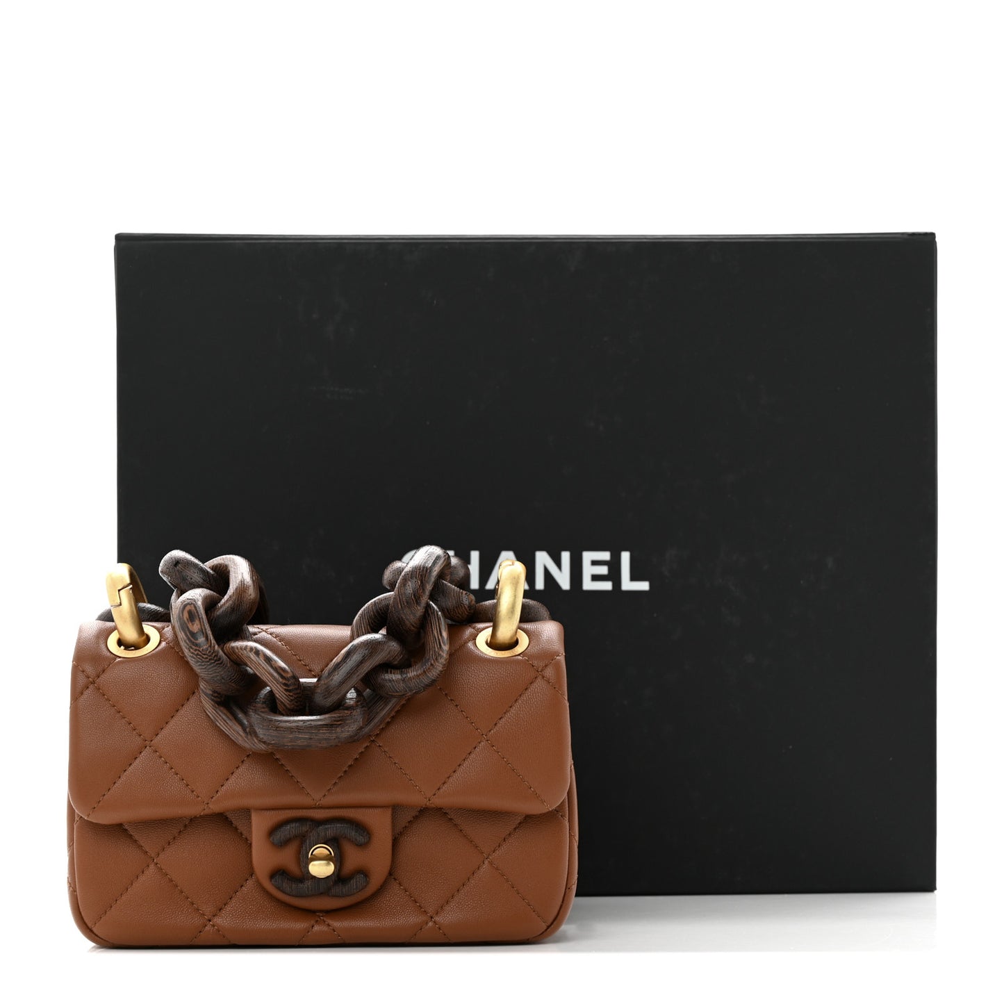 Lambskin Wenge Quilted Mini Fashion Wood Square Flap Light Brown