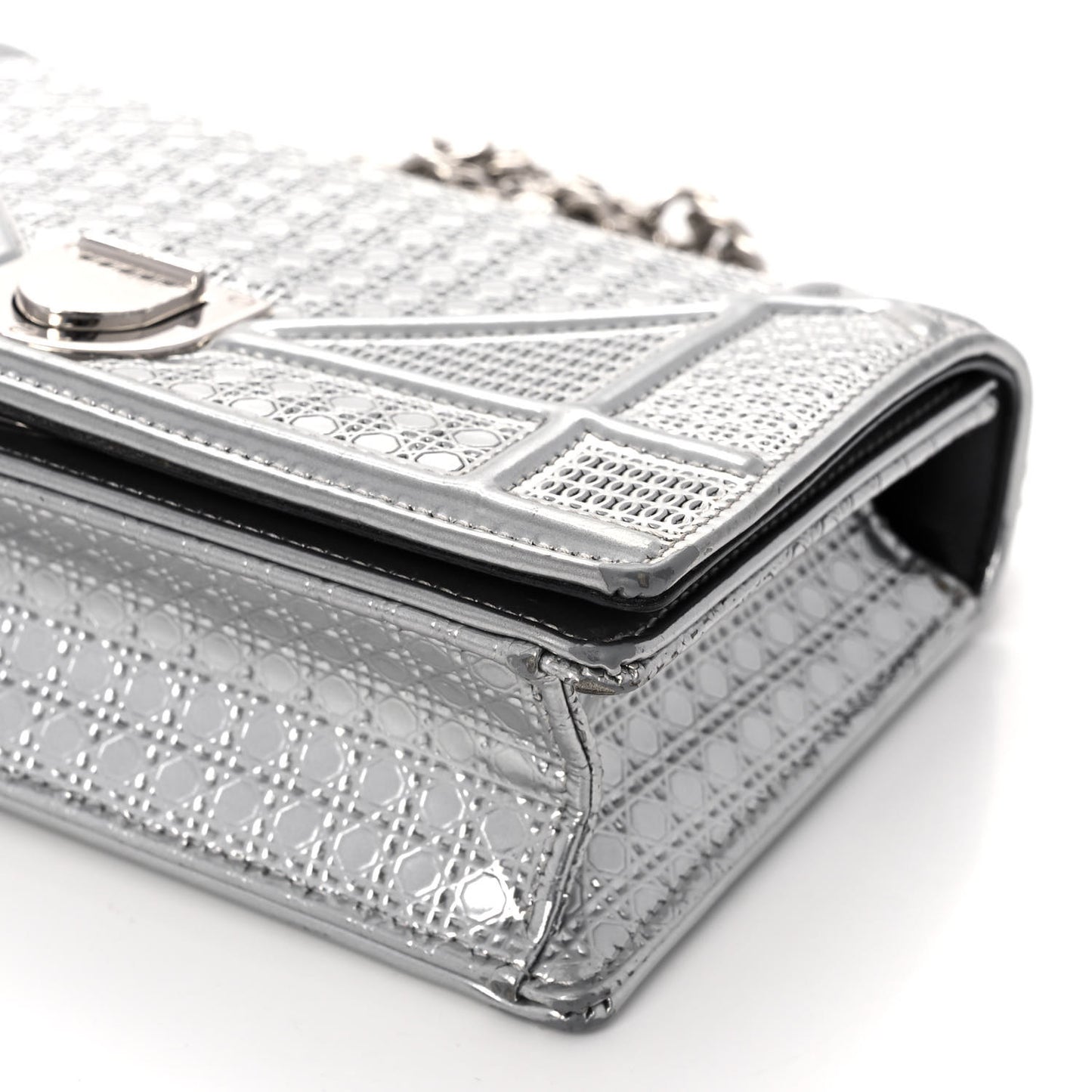 Metallic Patent Micro-Cannage Mini Diorama Flap Bag Silver