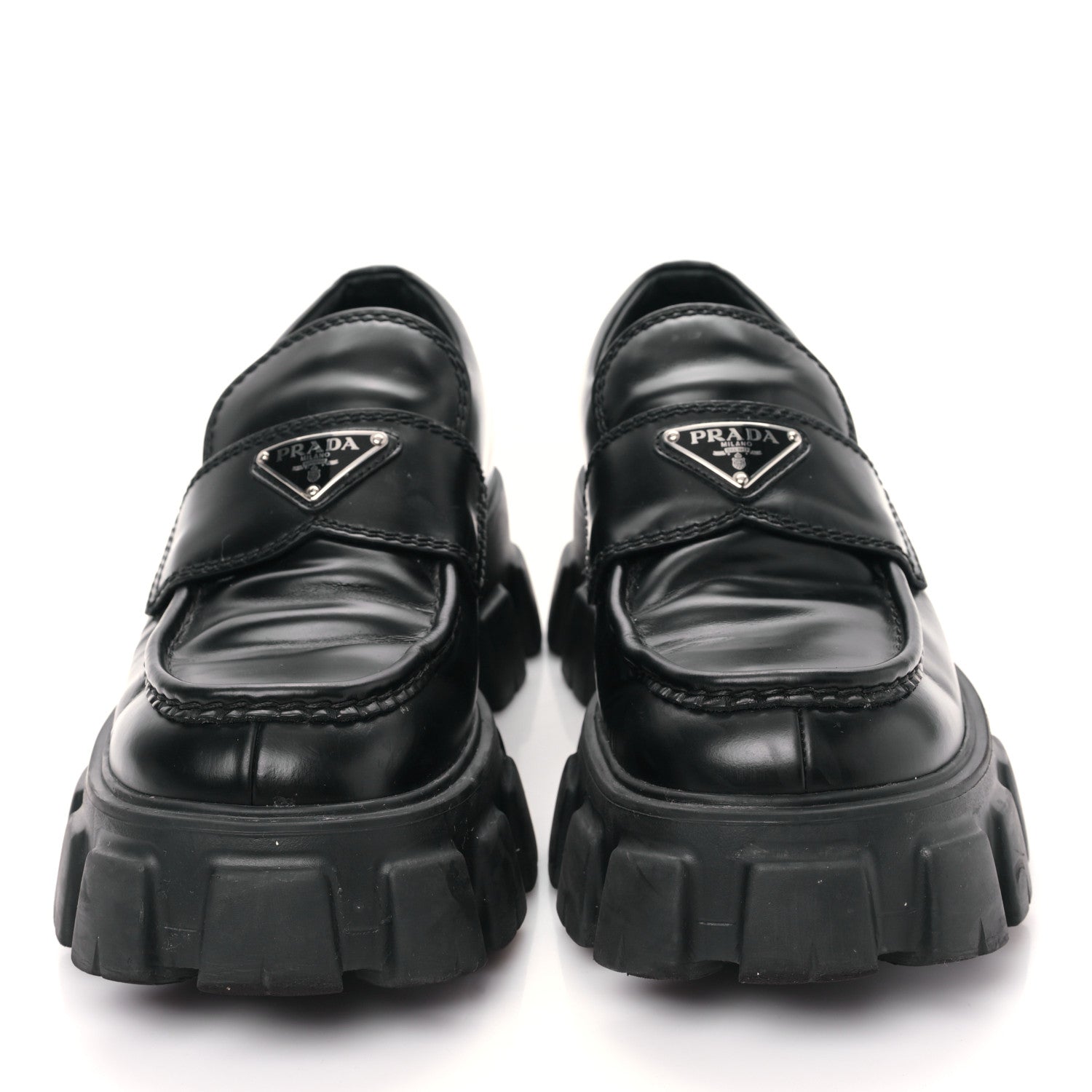 Prada Spazzolato Rois Metal Triangle Logo Mens Monolith 60mm Loafers 7 Black 2 of 8