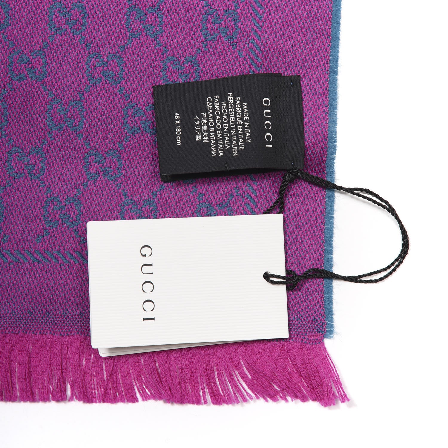 Gucci Wool GG Monogram Reversible New Sten Fringe Scarf Petroleum Blue Pink 3 of 4