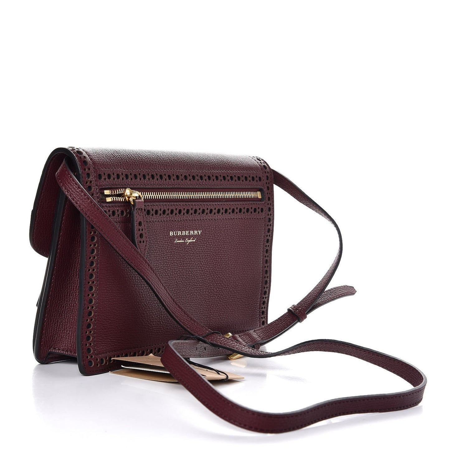 Grainy Calfskin Broguing Tassel Small Macken Crossbody Bag Mahogany Red
