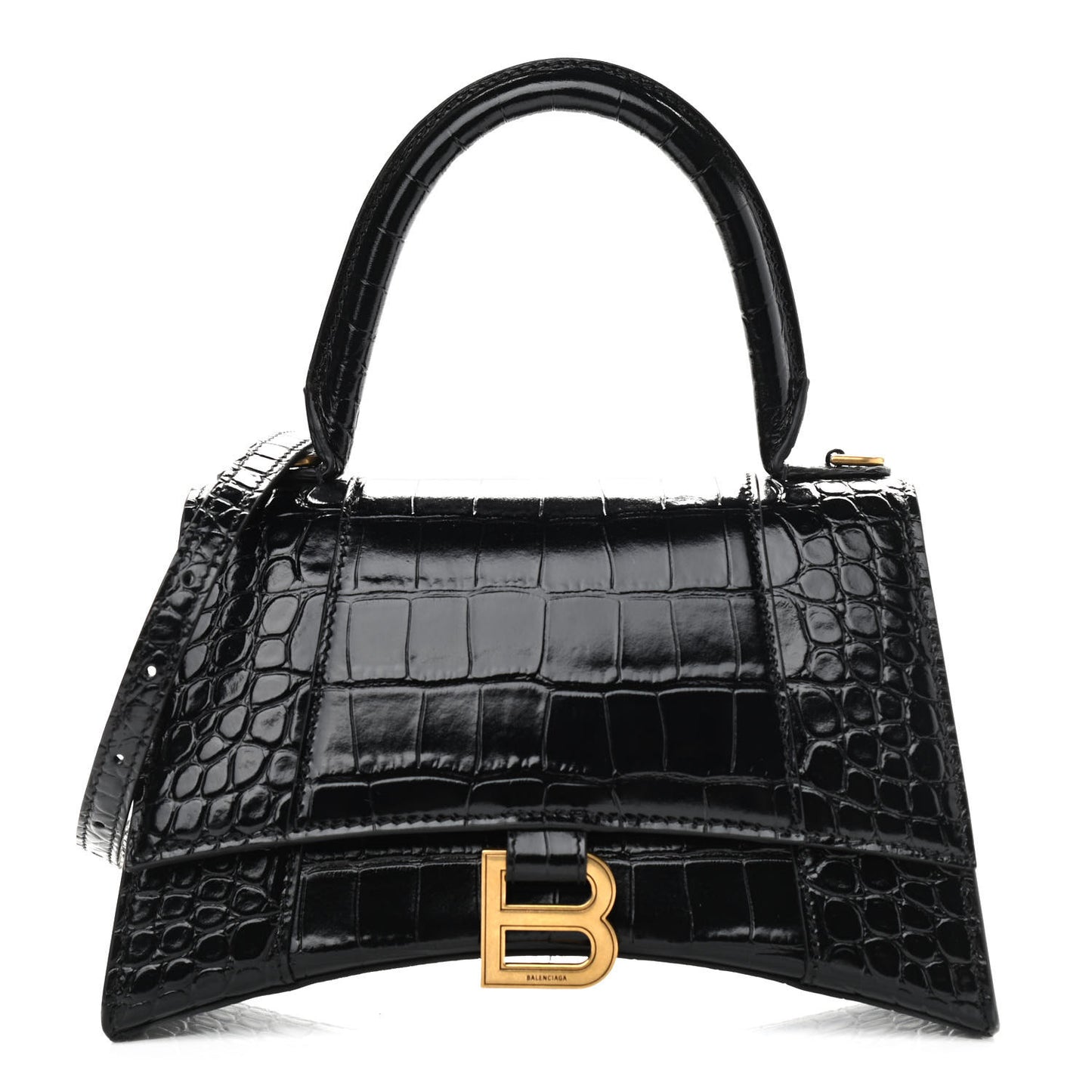 Shiny Calfskin Crocodile Embossed Small Hourglass Top Handle Bag Black
