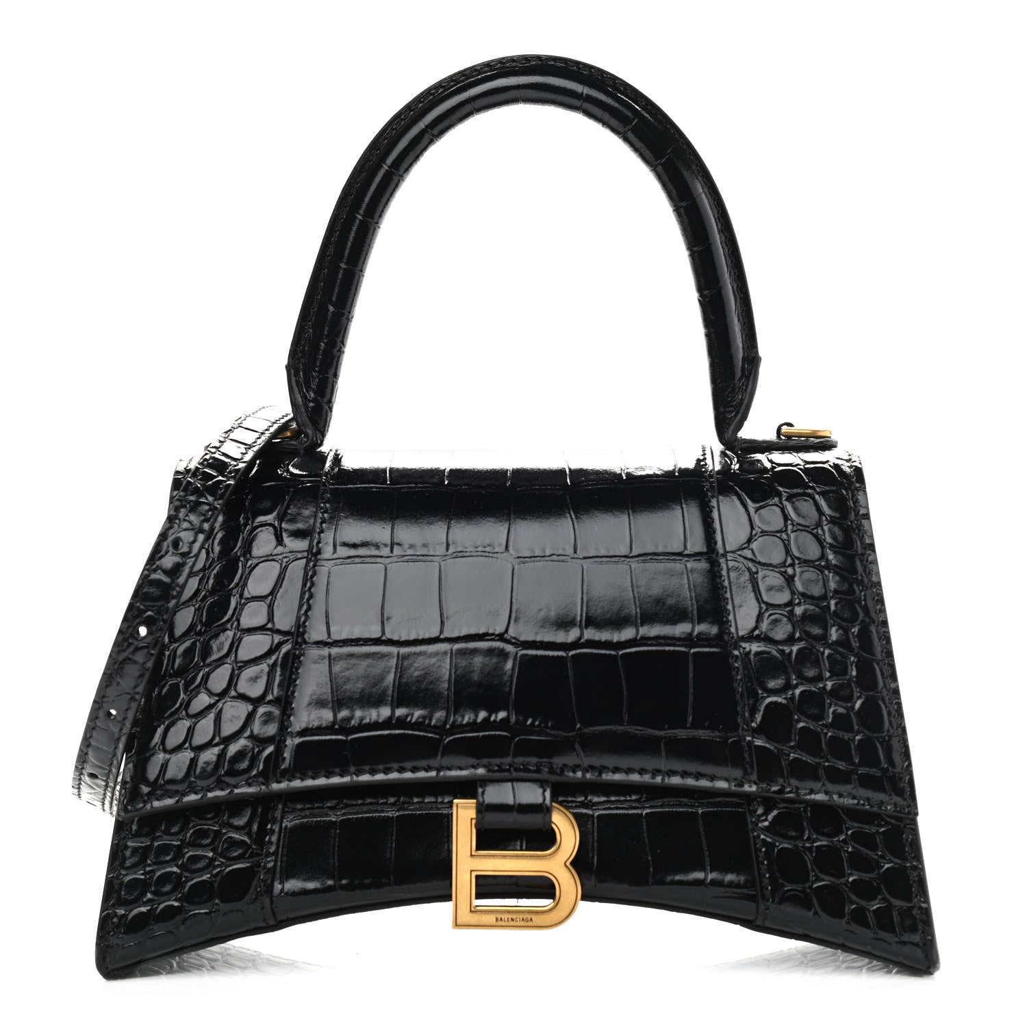 Balenciaga Shiny Calfskin Crocodile Embossed Small Hourglass Top Handle Bag Black 1 of 10