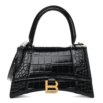 Balenciaga Shiny Calfskin Crocodile Embossed Small Hourglass Top Handle Bag Black 1 of 10