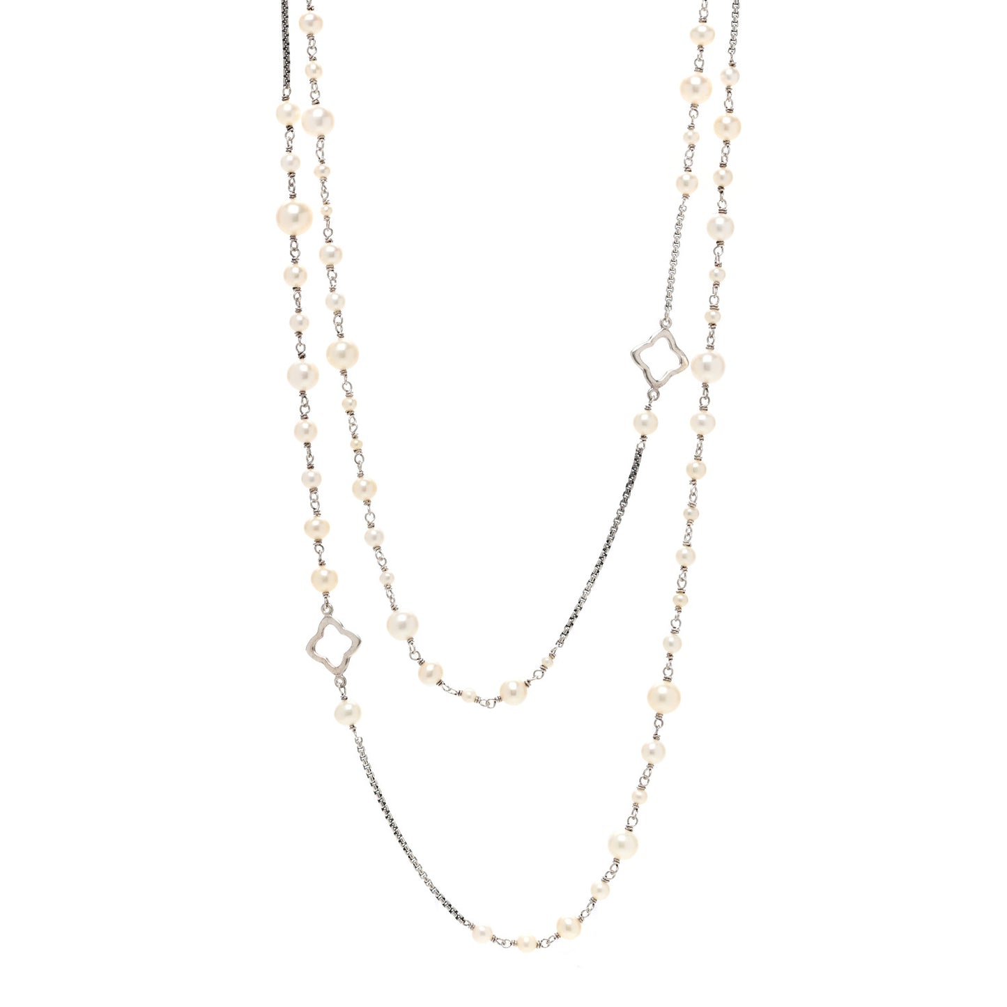 Sterling Silver Pearl Quatrefoil Long Chain Necklace