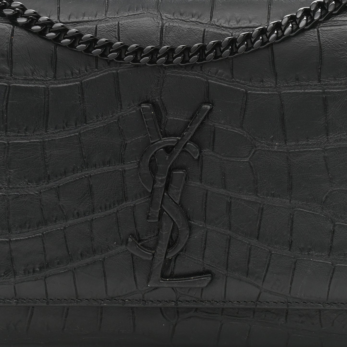 Calfskin Crocodile Embossed Medium Classic Monogram Kate Satchel Black