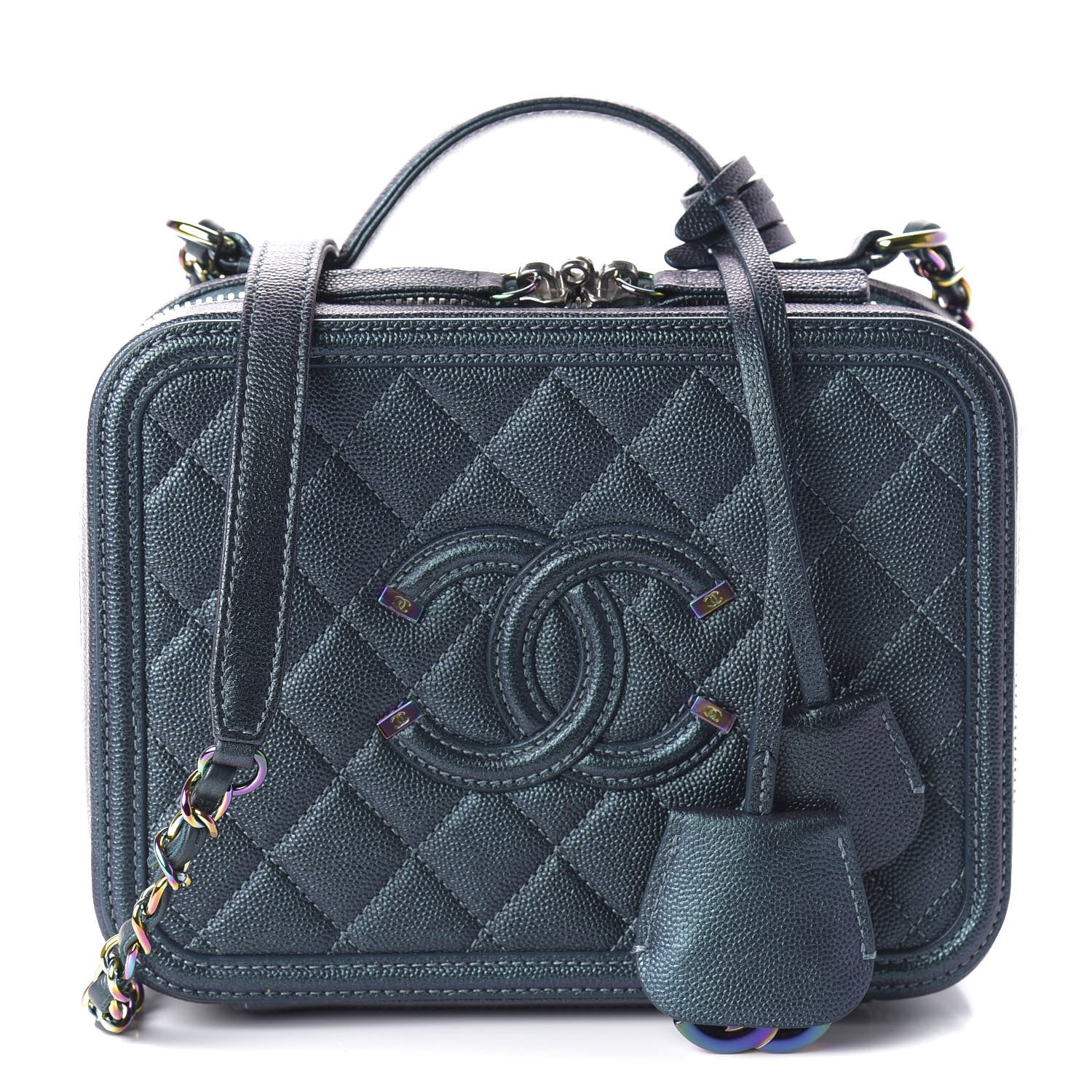 Chanel Iridescent Caviar Quilted Medium CC Filigree Vanity Case Dark Turquoise 2 of 10