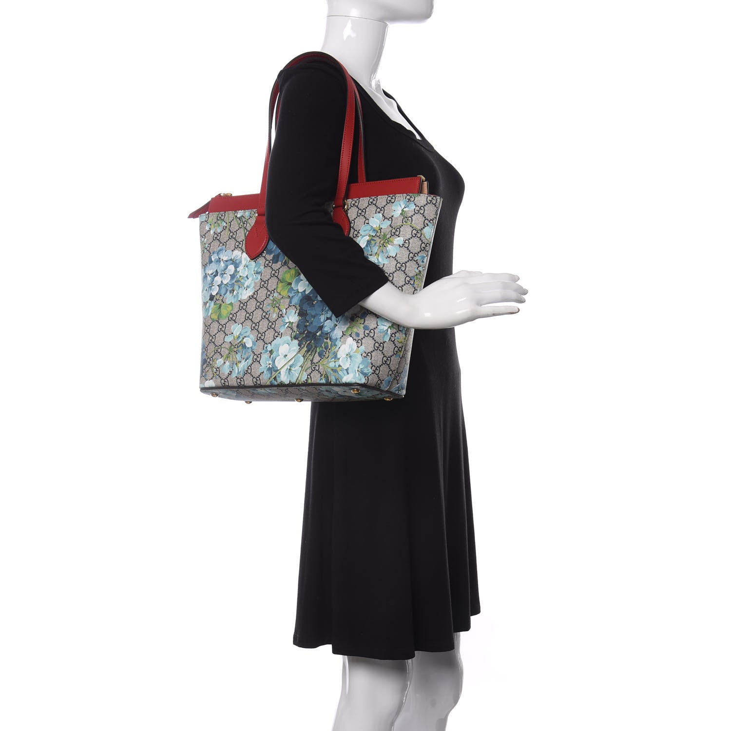 Gucci GG Supreme Monogram Blooms Medium Zippered Bucket Tote Beige Blue Navy Hibiscus Red 2 of 10
