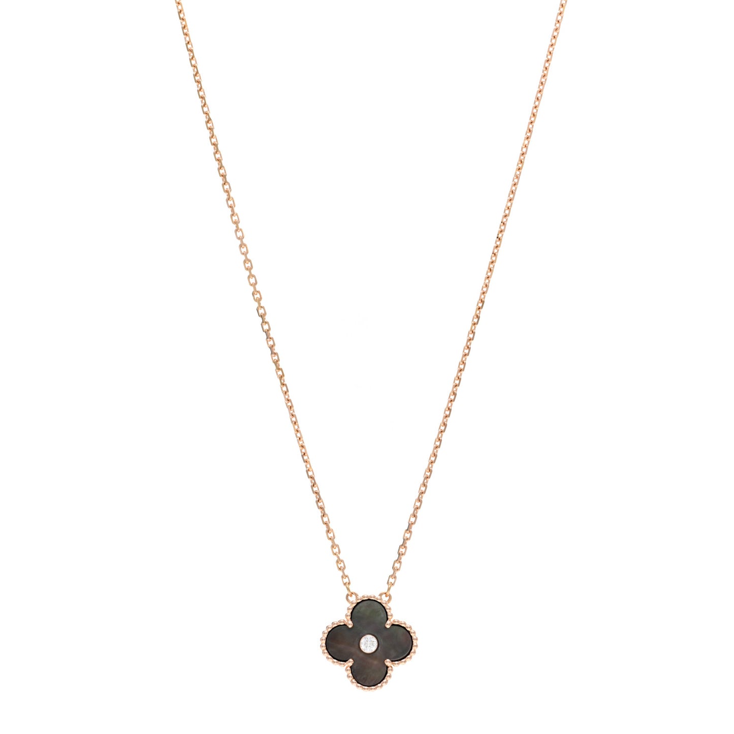 18K Rose Gold Diamond Grey Mother of Pearl Vintage Alhambra Pendant Necklace
