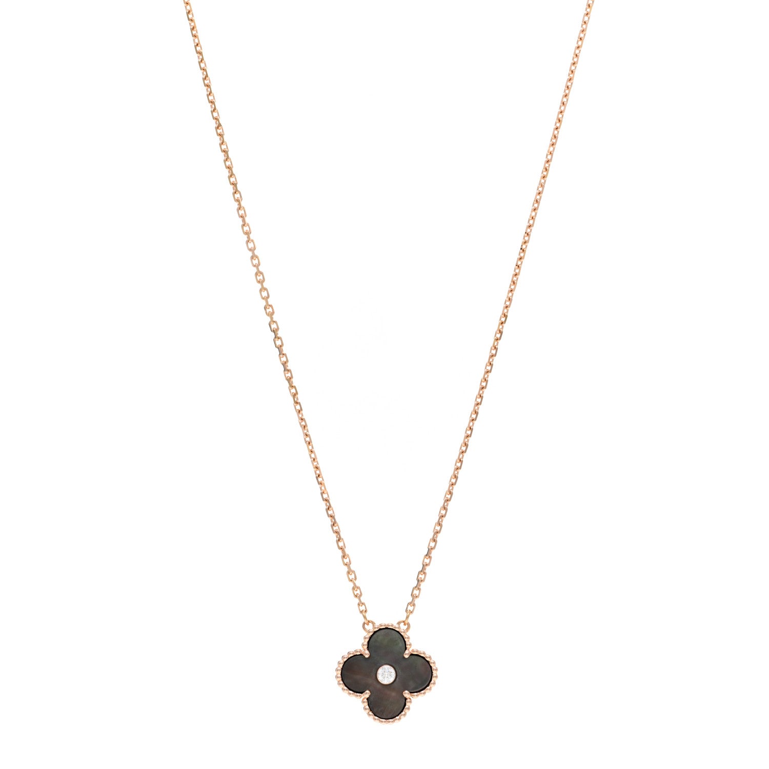 Van Cleef & Arpels 18K Rose Gold Diamond Grey Mother of Pearl Vintage Alhambra Pendant Necklace 1 of 5