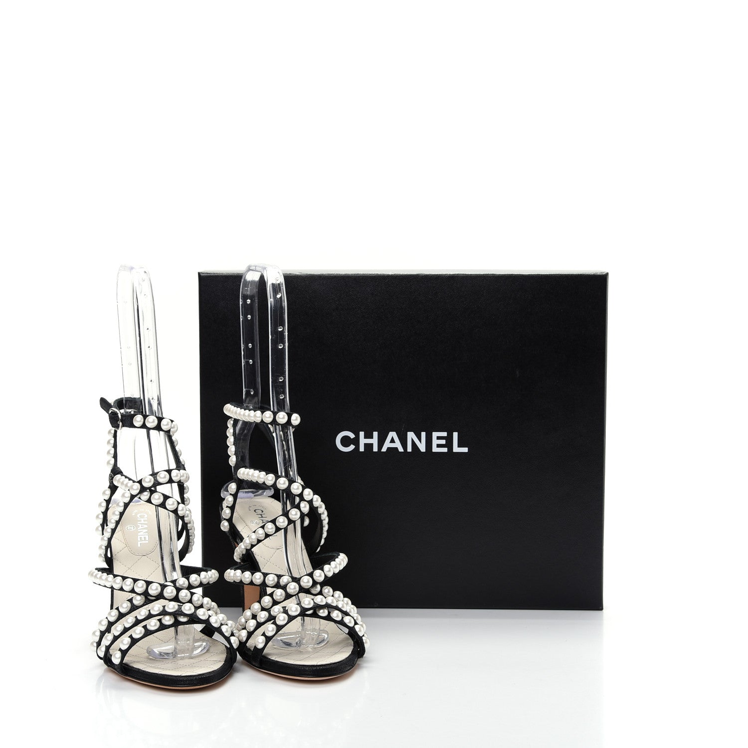 Chanel Crackled Lambskin Pearl Sandals 36.5 Black 10 of 10