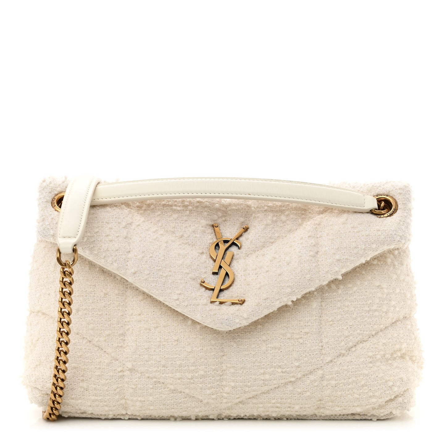 Boucle Tweed Quilted Small Loulou Puffer Monogram Chain Satchel Crema Soft