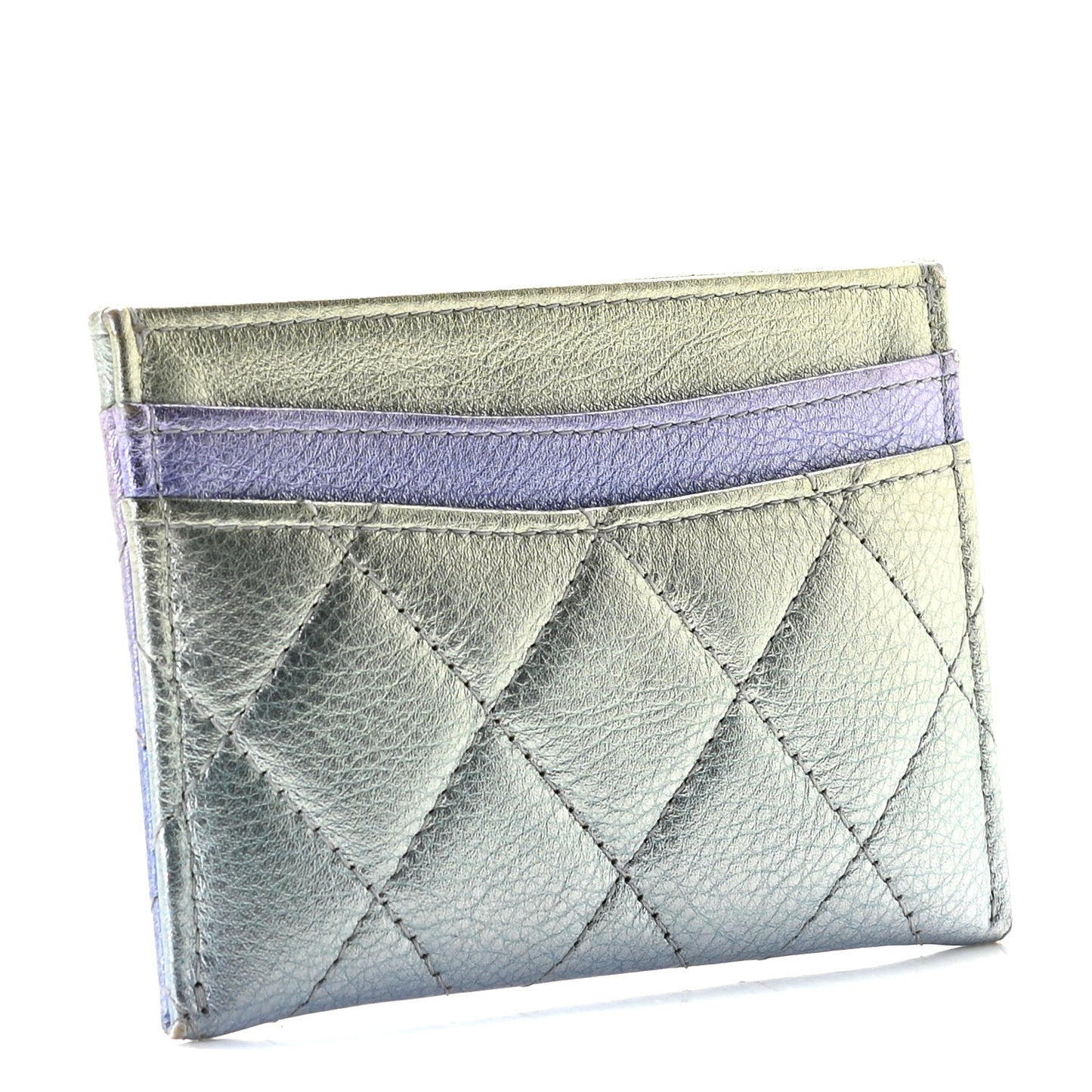 Gradient Metallic Calfskin Quilted Card Holder Silver Blue Yellow Purple