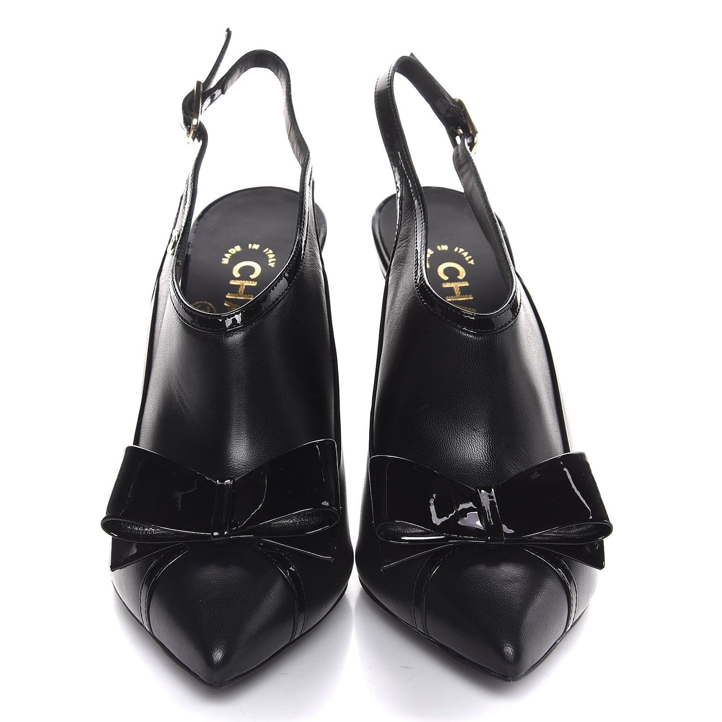 Patent Lambskin CC Bow Slingback Pumps 35.5 Black