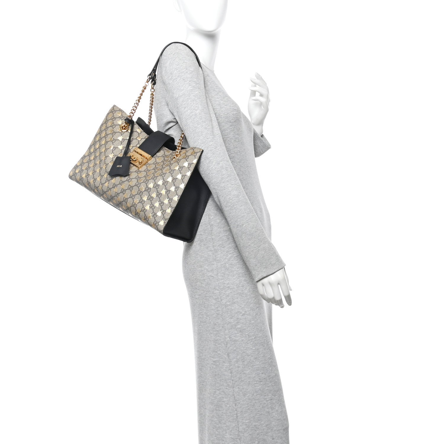 Gucci GG Supreme Monogram Bees Medium Padlock Tote Beige Oro Black 2 of 11