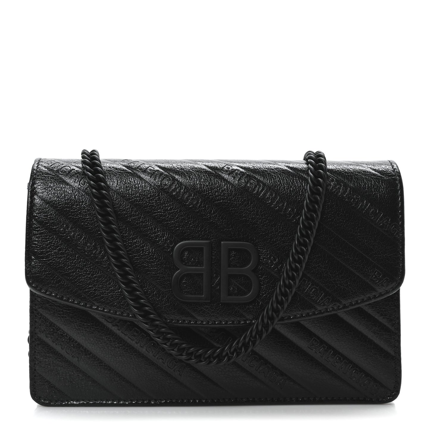 Shiny Goatskin Logo Embossed Monochrome BB Wallet On Chain Black