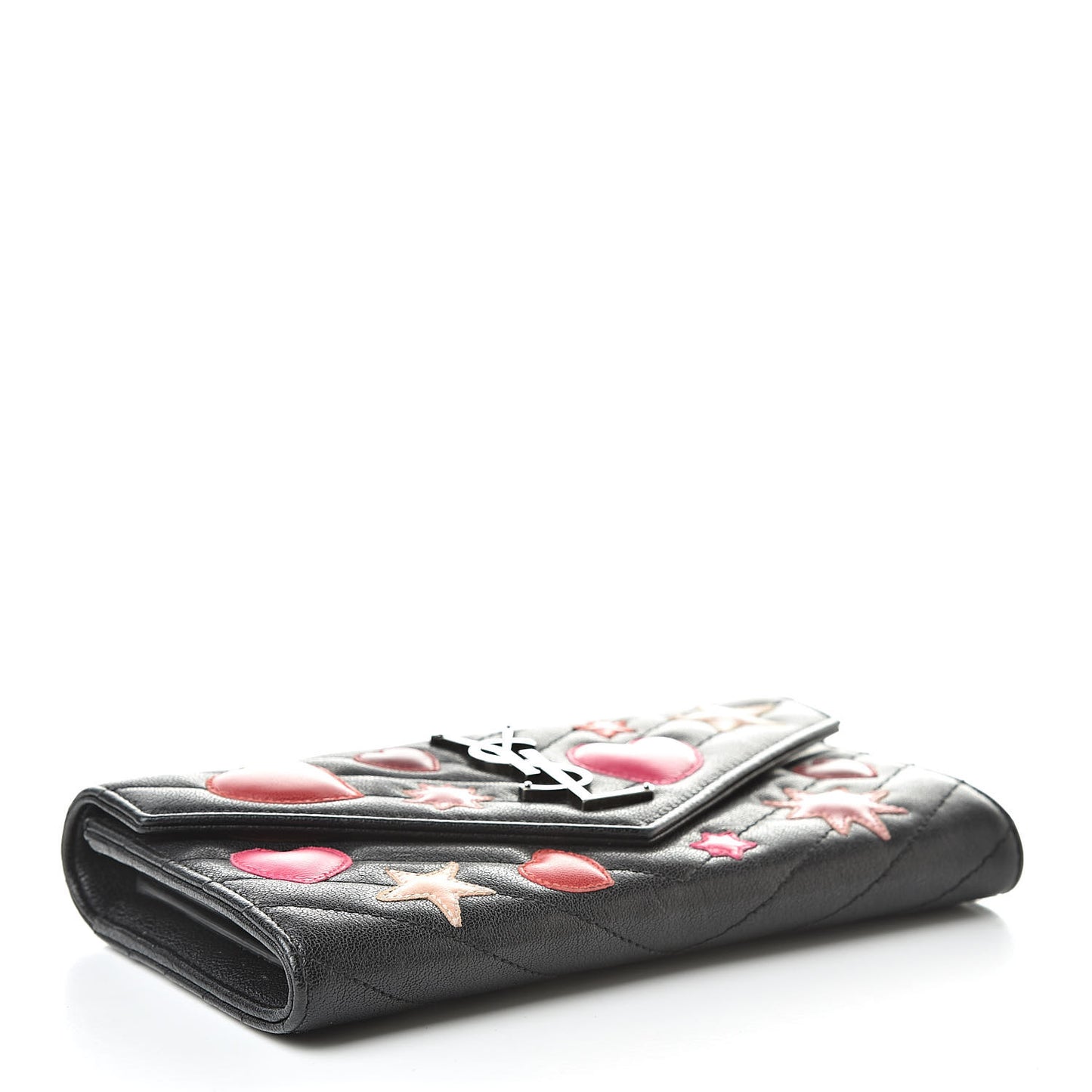 Calfskin Matelasse Chevron Heart Patchwork Monogram Wallet Black