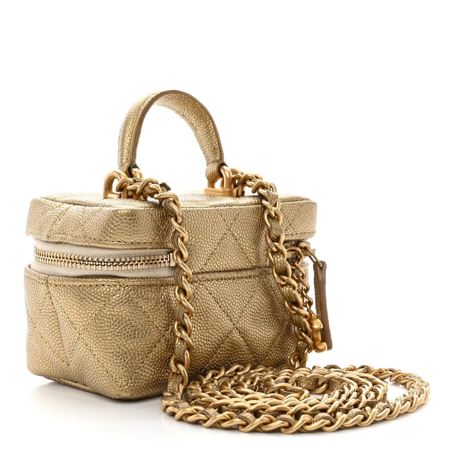 Metallic Caviar Quilted Mini Top Handle Vanity With Chain Gold
