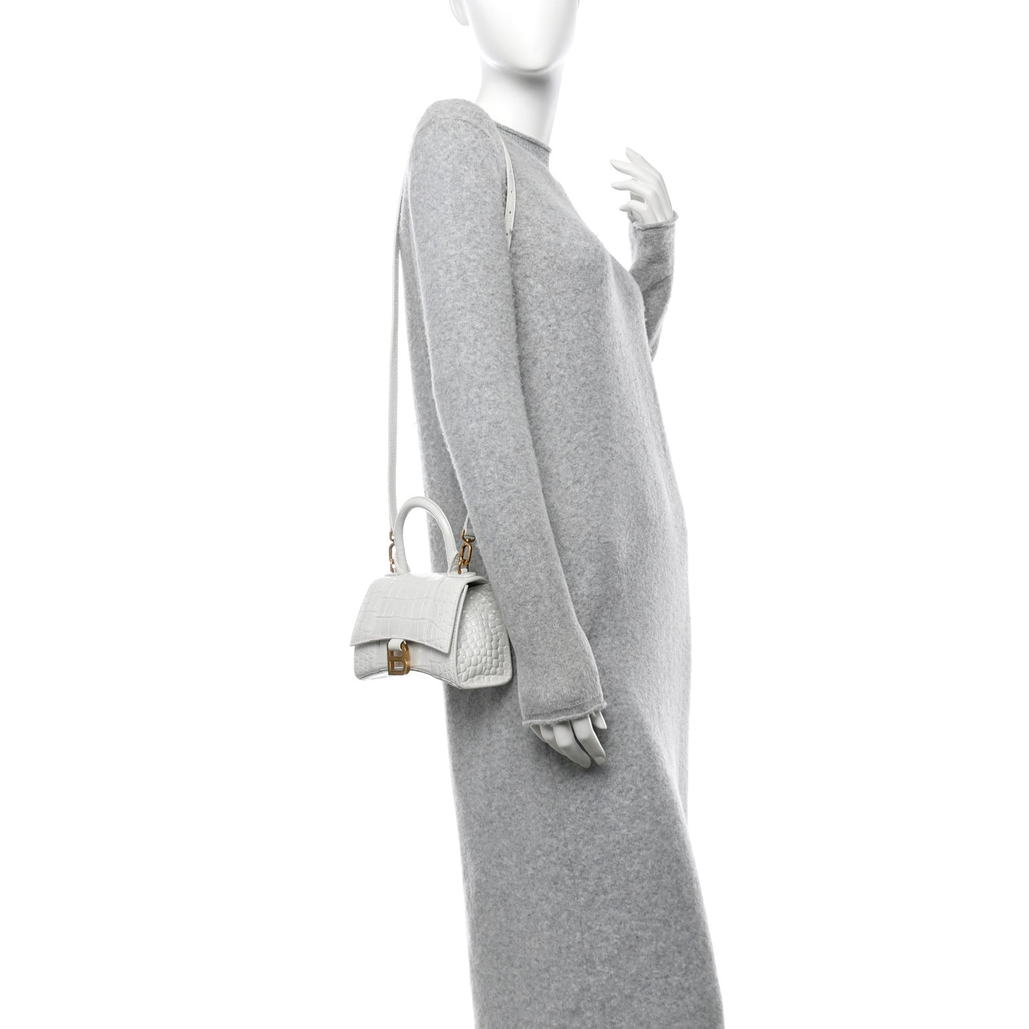 Shiny Calfskin Crocodile Embossed Hourglass Top Handle Bag XS White