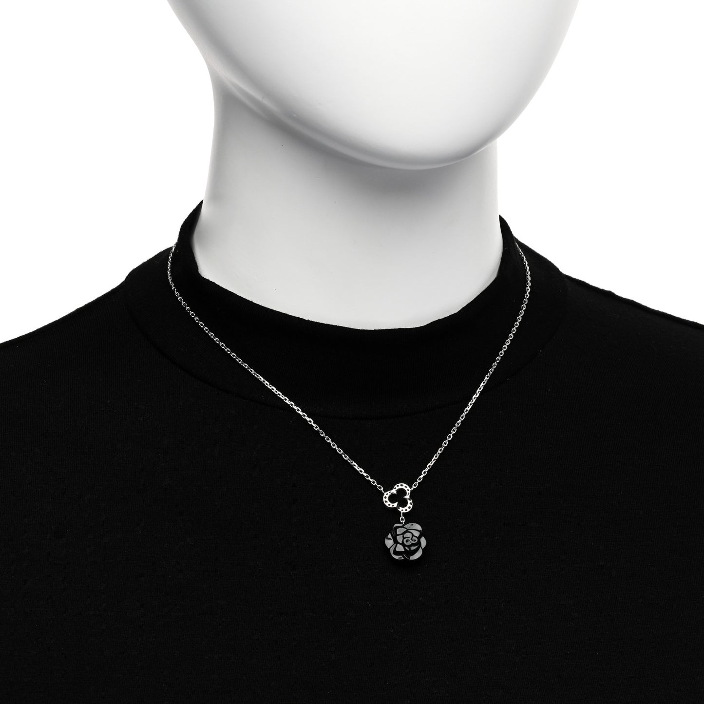 18K White Gold Diamond Black Onyx Camelia Sculpte Drop Pendant Necklace
