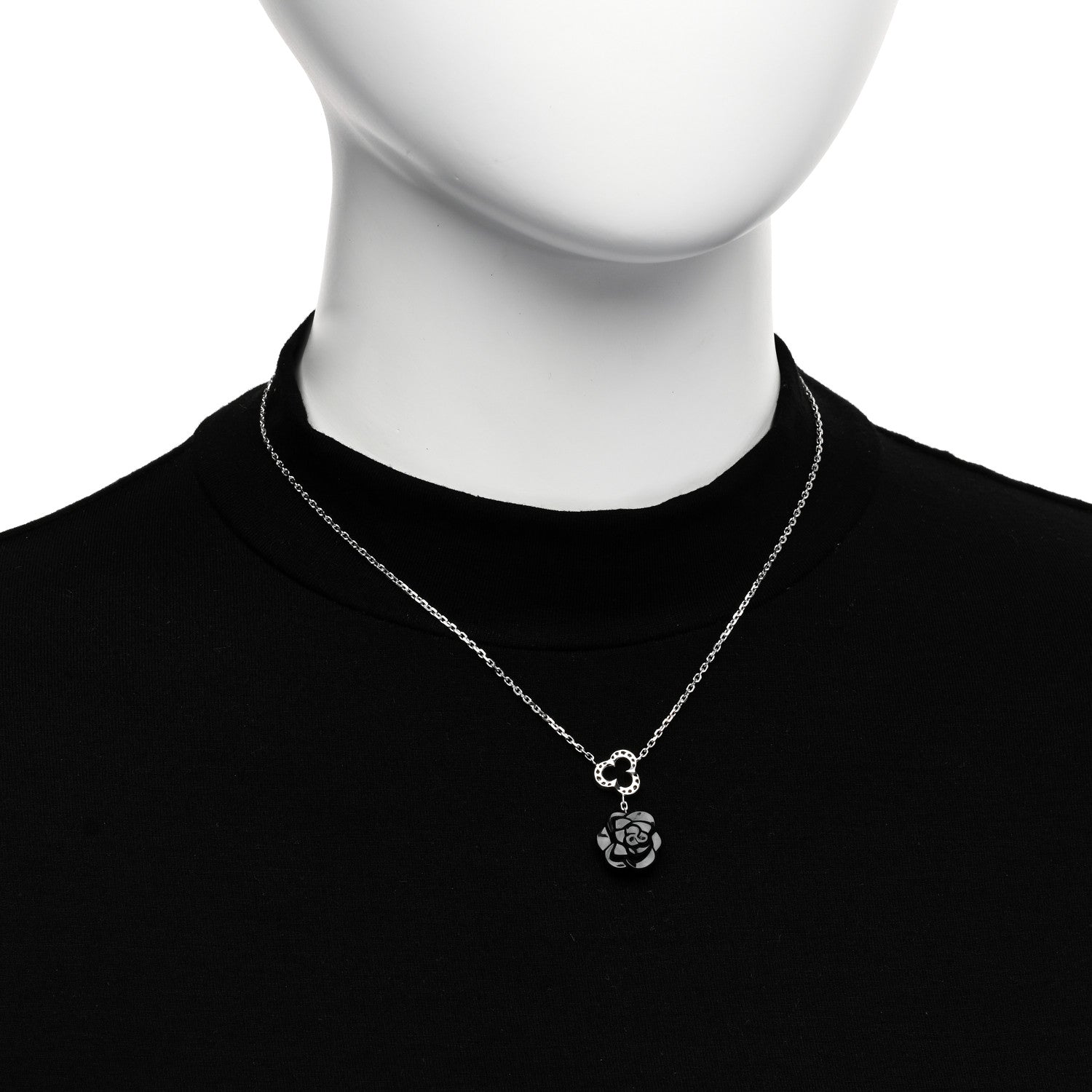 Chanel 18K White Gold Diamond Black Onyx Camelia Sculpte Drop Pendant Necklace 2 of 5
