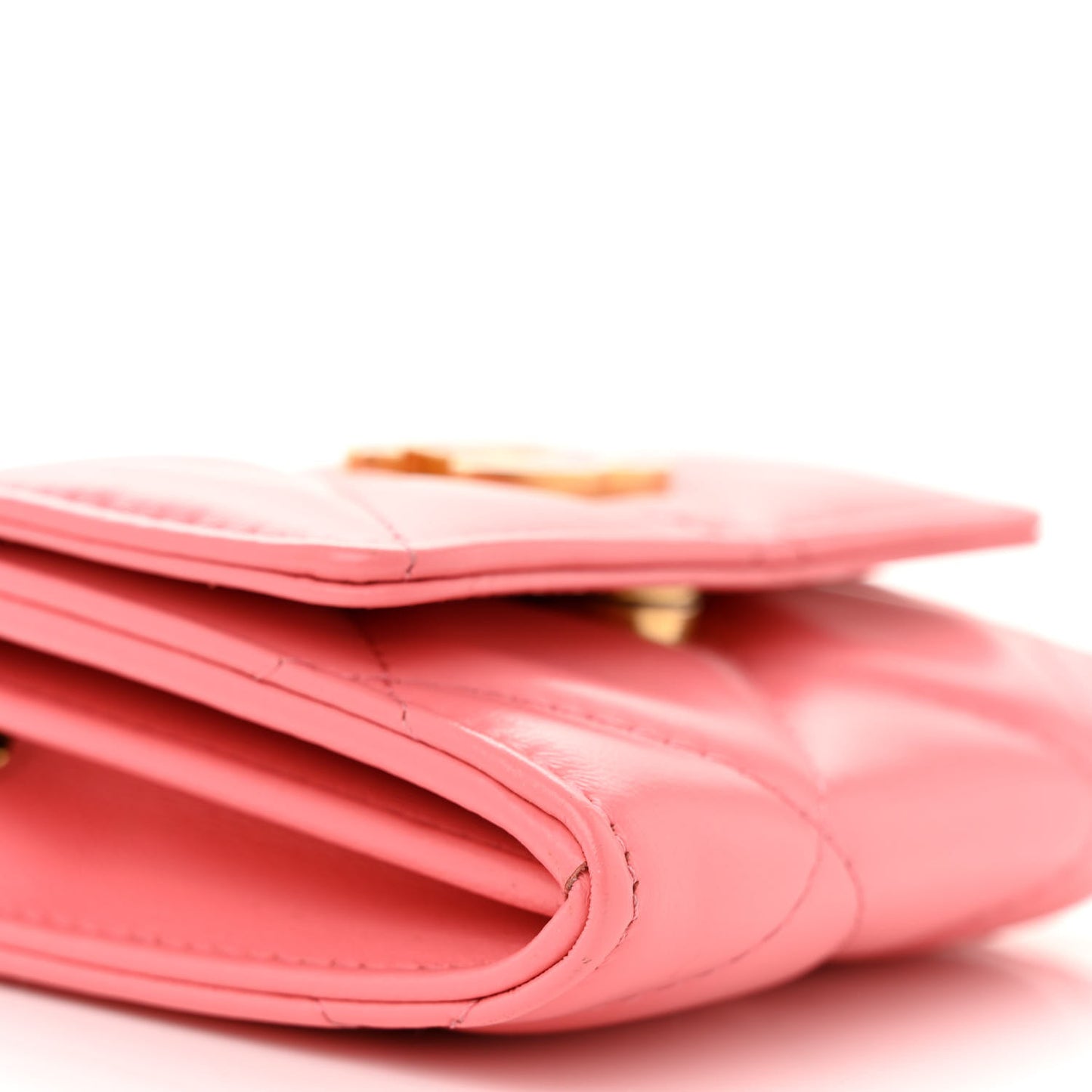 Lambskin Enamel Quilted Pending CC Card Holder On Chain Pink