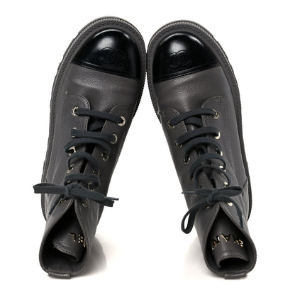 Chanel Grained Calfskin Shiny Calfskin CC Lace Up Combat Boots 41 Gray Black 2 of 11