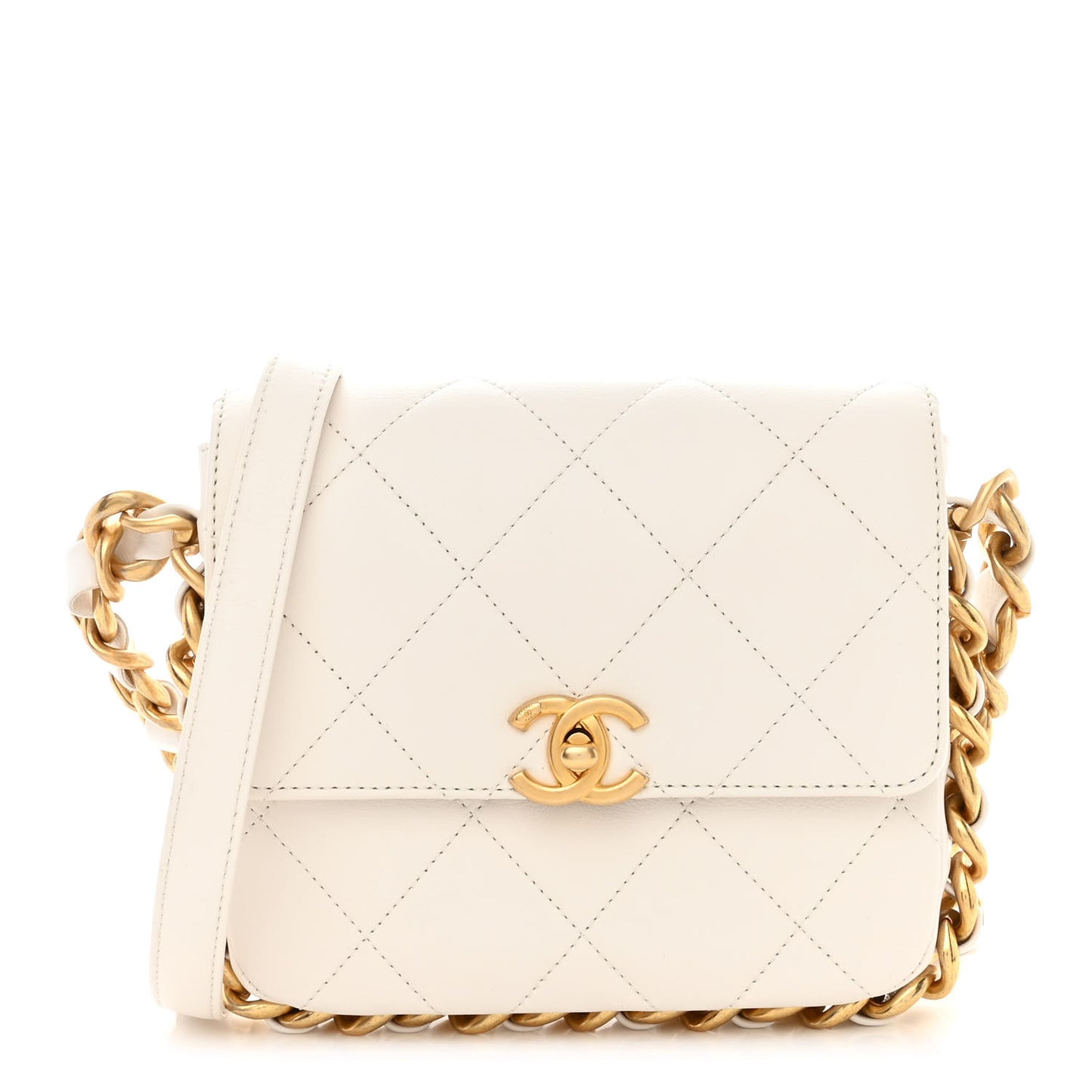 Calfskin Quilted Small Framing Chain Flap Bag White