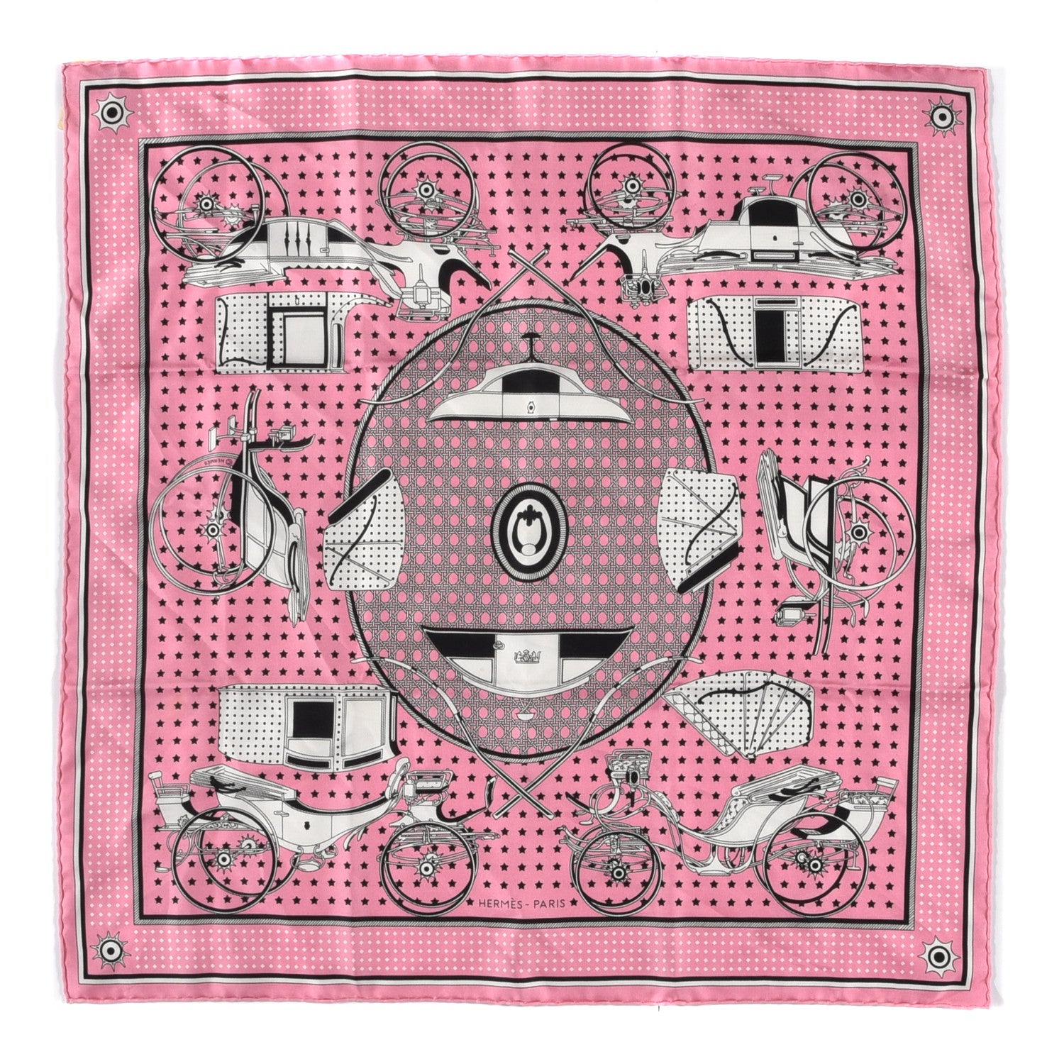 Hermes Silk Les Voitures A Transformation Bandana Scarf 55 Rose Vif White Black 1 of 5