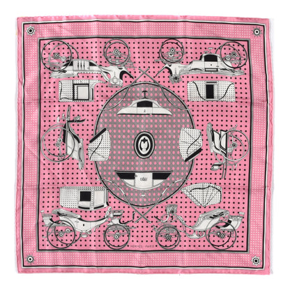 Hermes Silk Les Voitures A Transformation Bandana Scarf 55 Rose Vif White Black 1 of 5