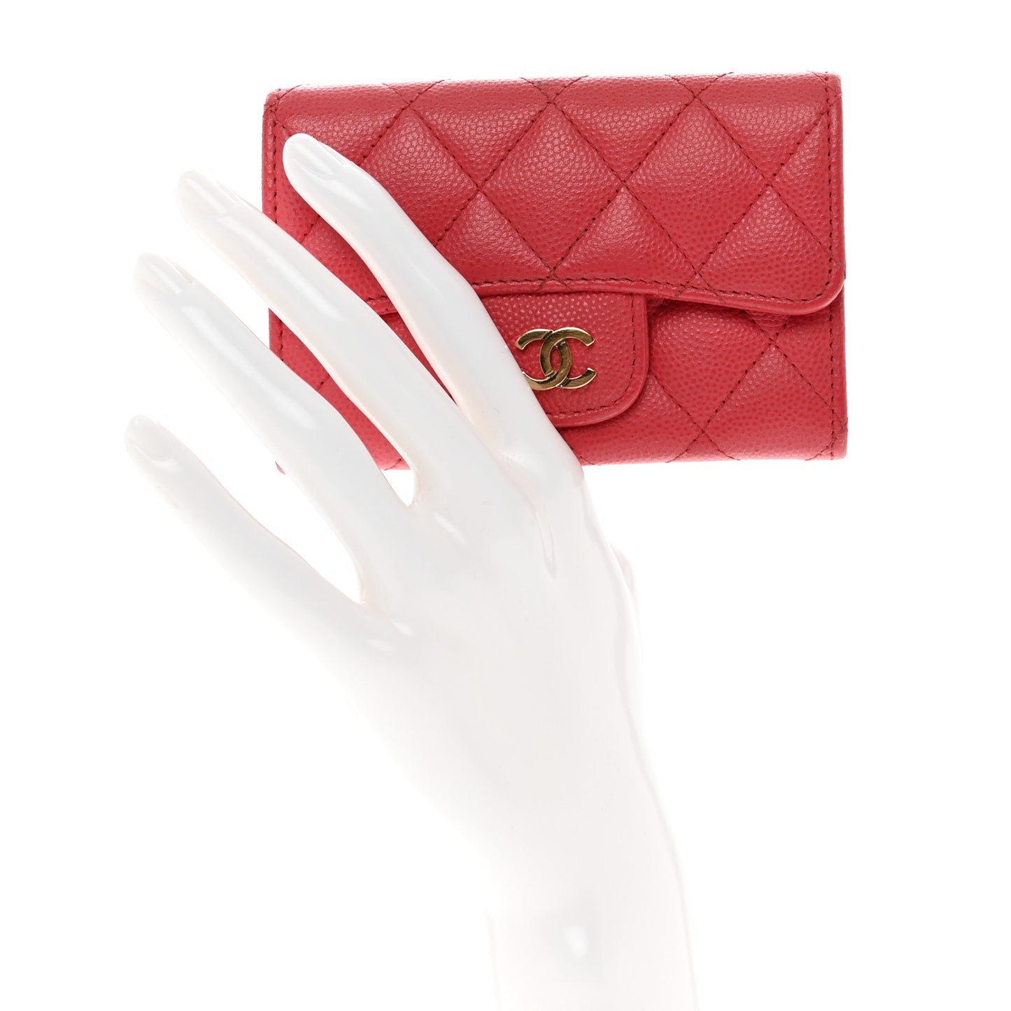 Caviar Quilted Flap Card Holder Wallet Dark Pink