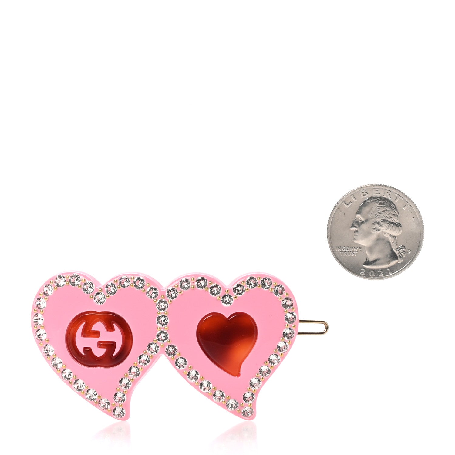 Gucci Resin Crystal Embellished GG Double Heart Hair Clip Pink 2 of 5
