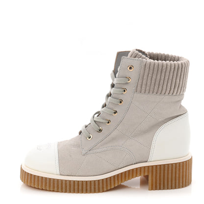 Chanel Suede Calfskin Velvet Quilted CC Combat Boots 38.5 Grey 1 of 8