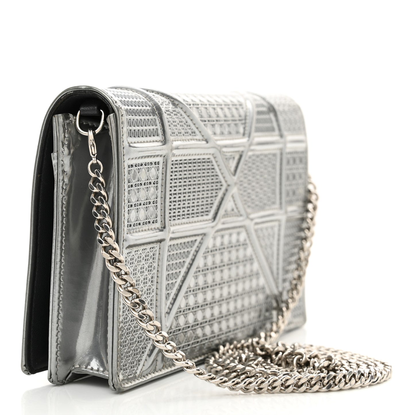 Metallic Patent Micro-Cannage Diorama Wallet on Chain Pouch Silver