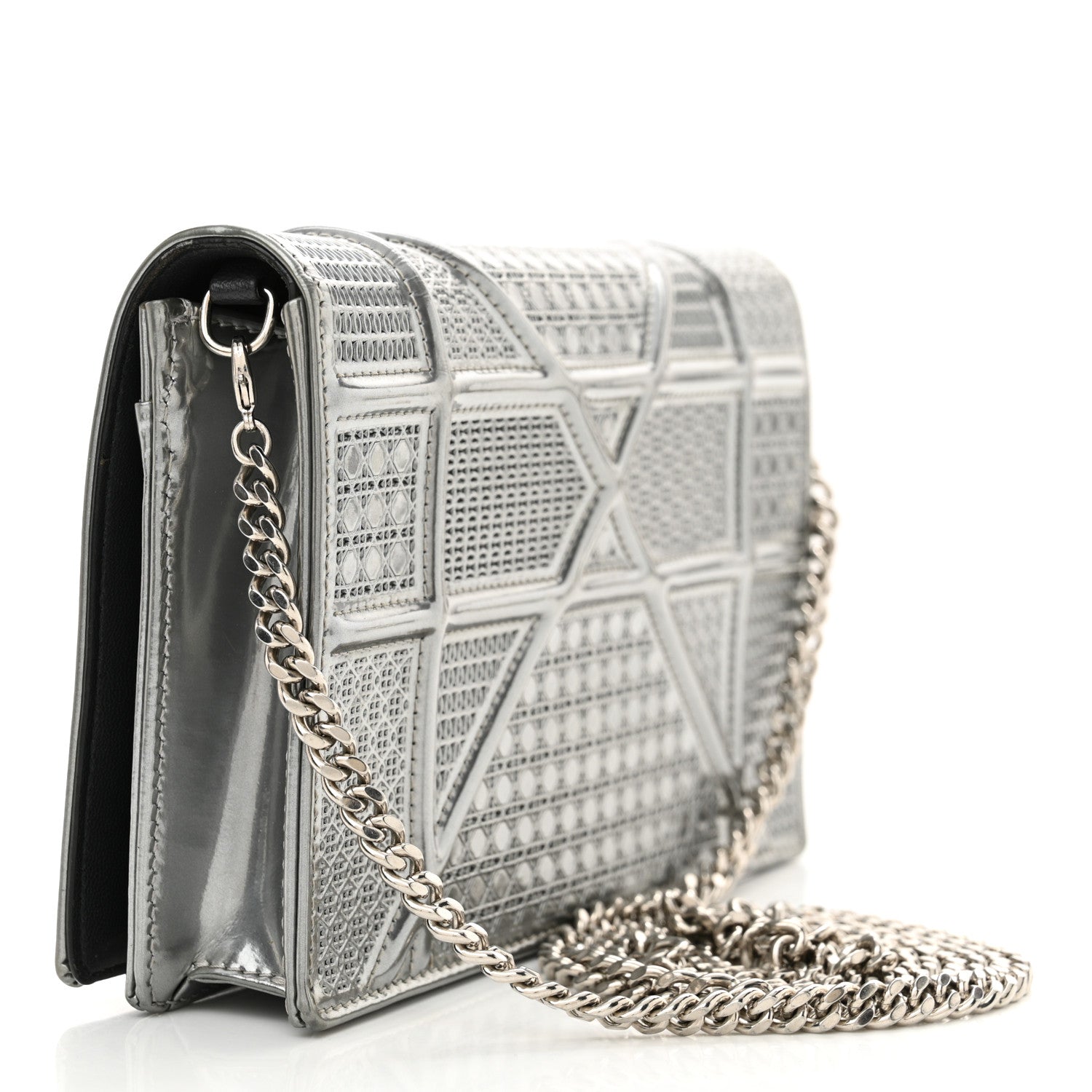 Christian Dior Metallic Patent Micro-Cannage Diorama Wallet on Chain Pouch Silver 3 of 14