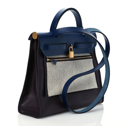 Hermes Toile H Berline Vache Hunter Herbag Zip PM 31 Cassis Ecru Black Bleu Saphir 4 of 14