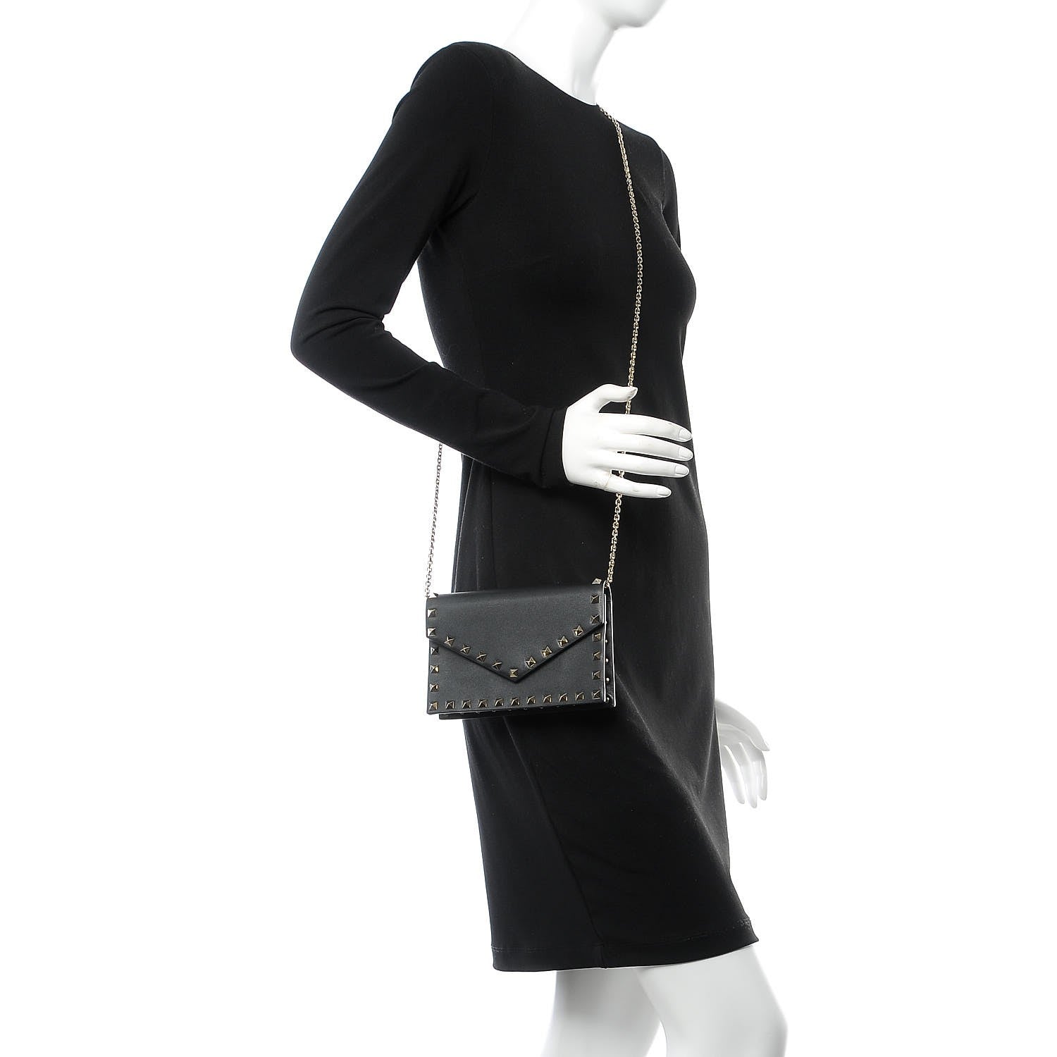 Valentino Garavani Vitello Rockstud Envelope Wallet on Chain Black 2 of 8