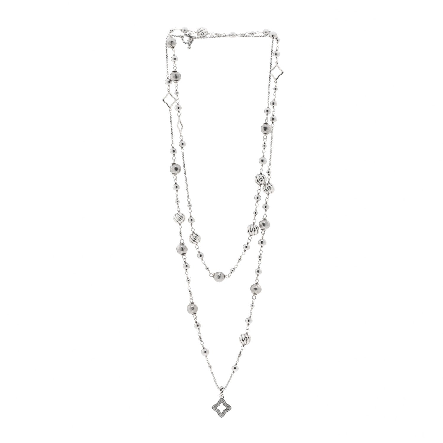 David Yurman Sterling Silver Diamond Hammered Quatrefoil Long Necklace 3 of 4