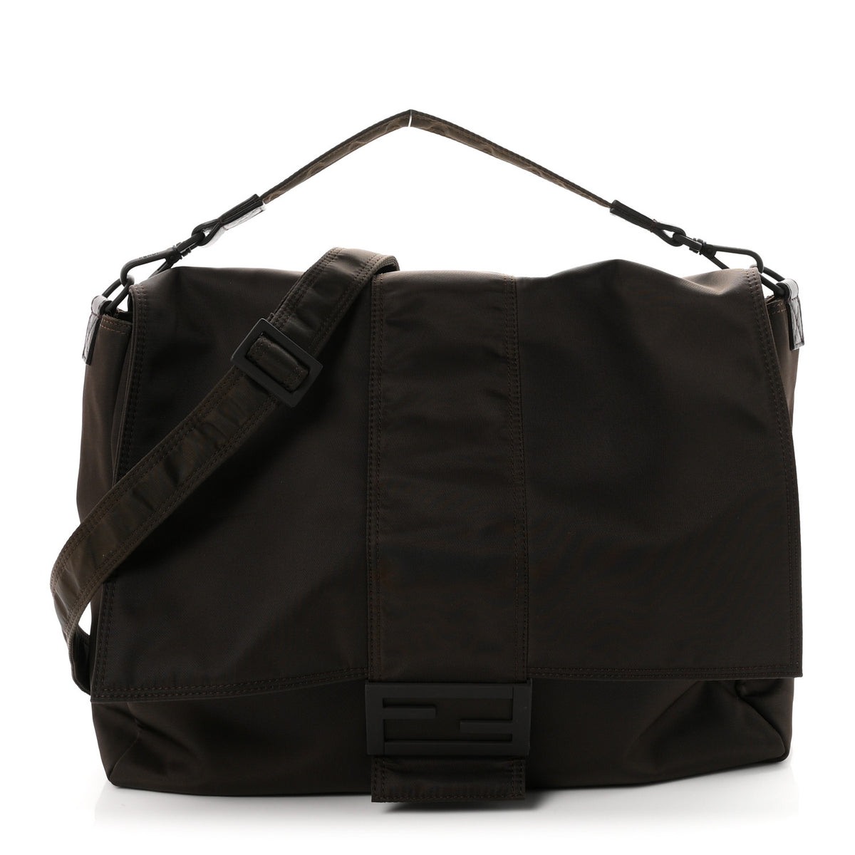 Fendi Econyl Nylon Cuoio Romano Monochrome Large Baguette Messenger Bag Ebano 1 of 10