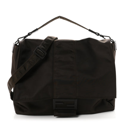 Fendi Econyl Nylon Cuoio Romano Monochrome Large Baguette Messenger Bag Ebano 1 of 10