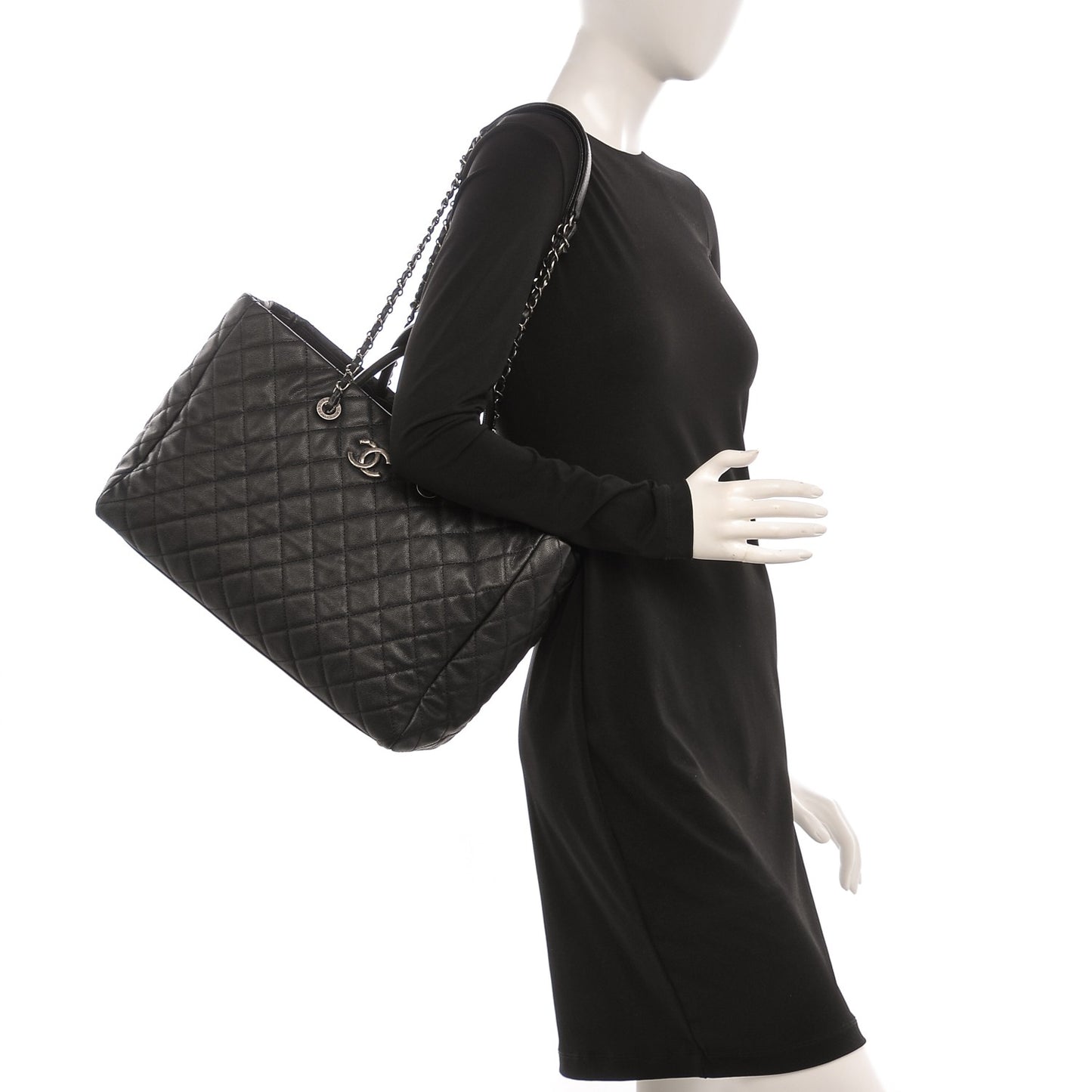 Caviar Quilted Large Coco Handle Shopping Tote Black